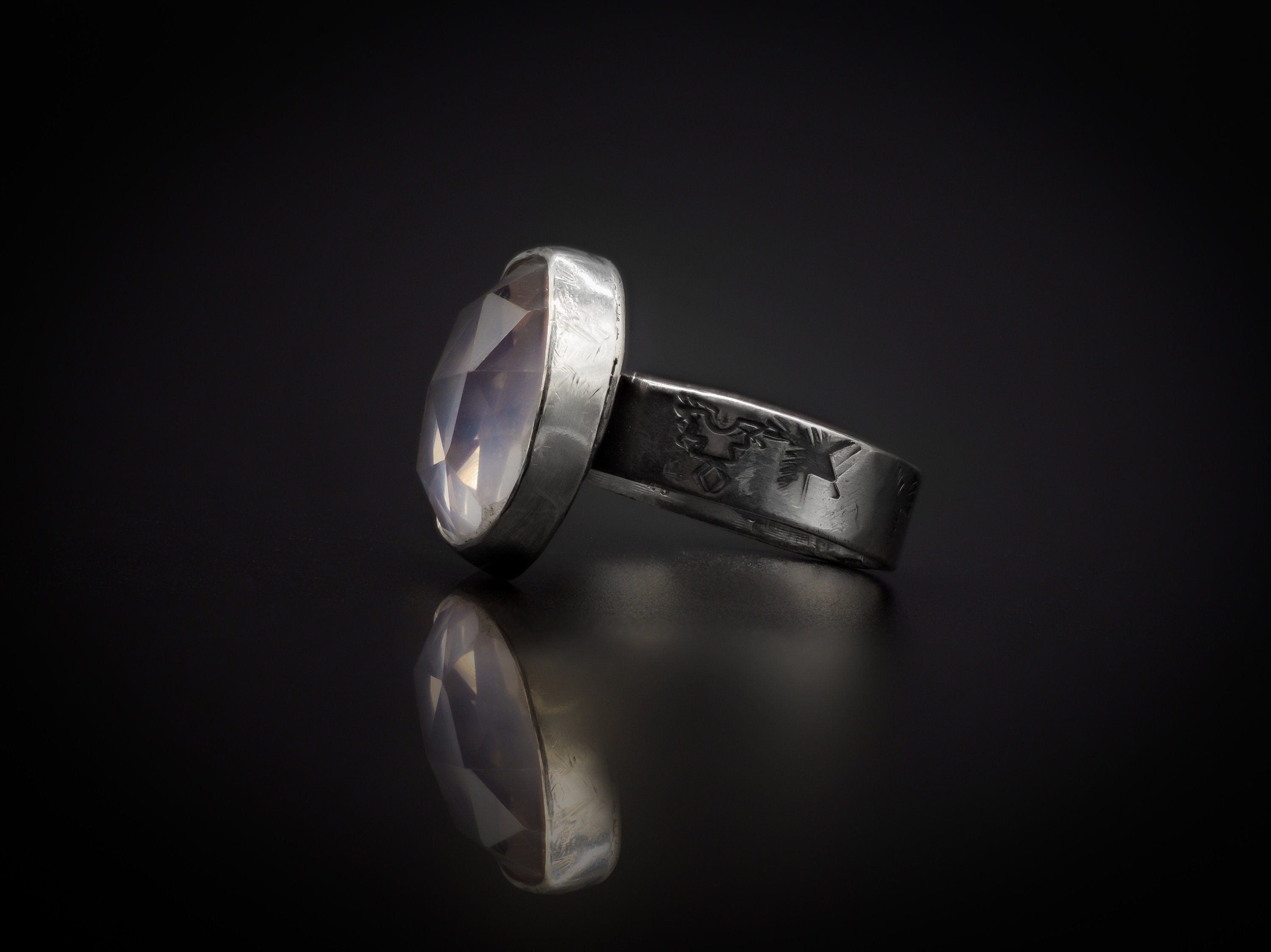 925 Silver, Hand Engraved, And Rose Cut Precious Rose Quartz Ring