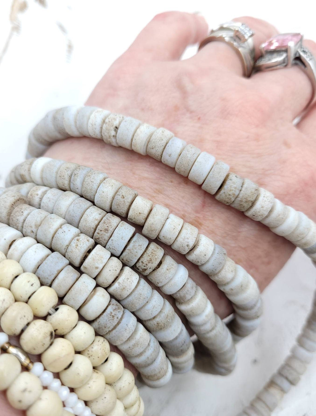 Beautiful Beads With Antique Rustic Accent White Opal Handmade Artisan, 8mm Or 9-10mm 10" Long Strand, Indonesia, Java, Tribal.