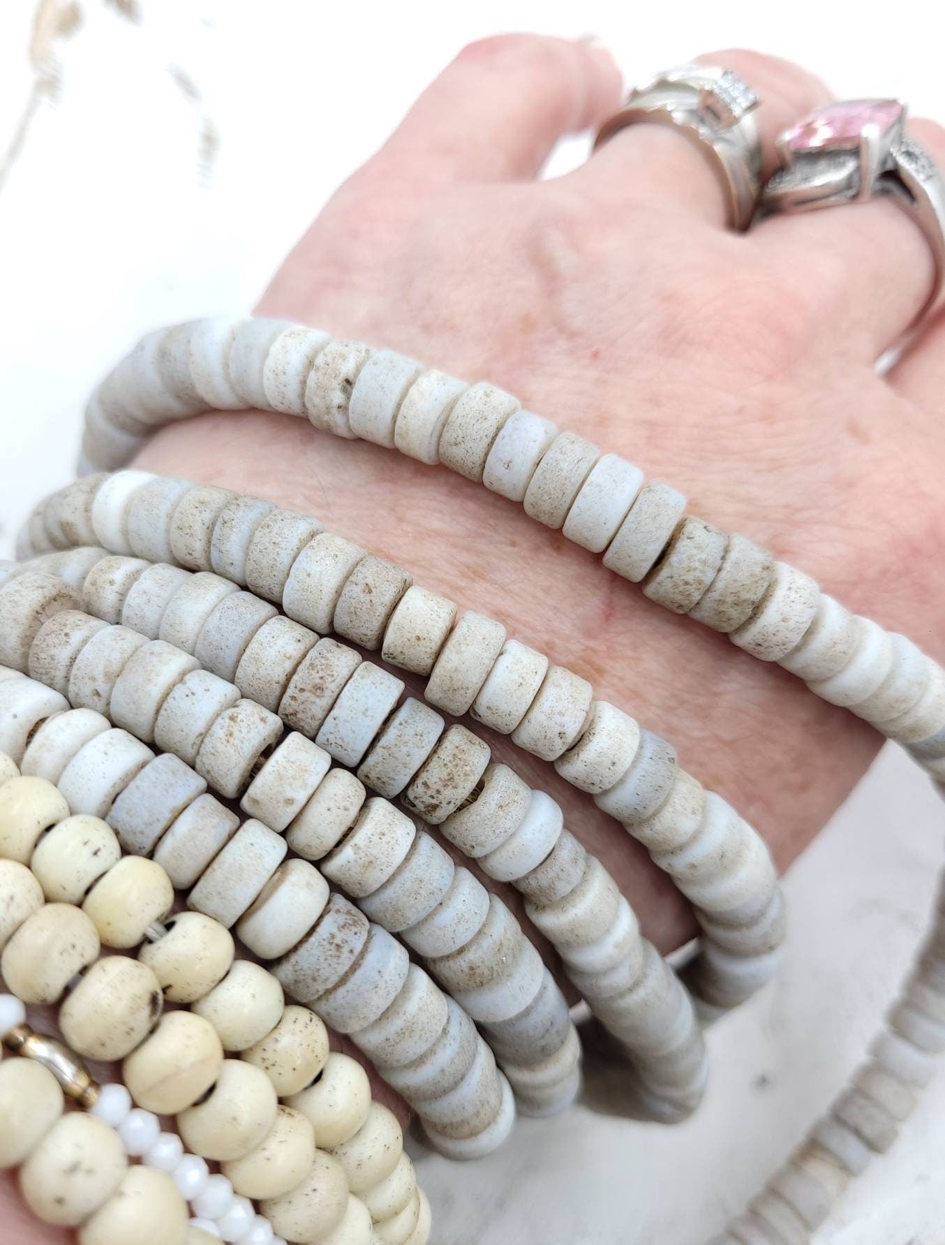 Beautiful Beads With Antique Rustic Accent White Opal Handmade Artisan, 8mm Or 9-10mm 10" Long Strand, Indonesia, Java, Tribal.