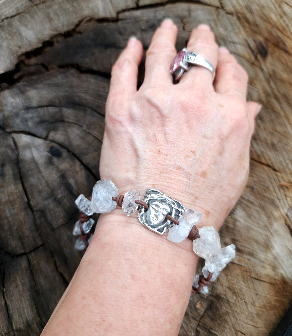 Sterling Silver .99 Medusa Bracelet / High Quality Leather Bracelet With Herkimer Raw Diamonds / Gift For Him Or Her.
