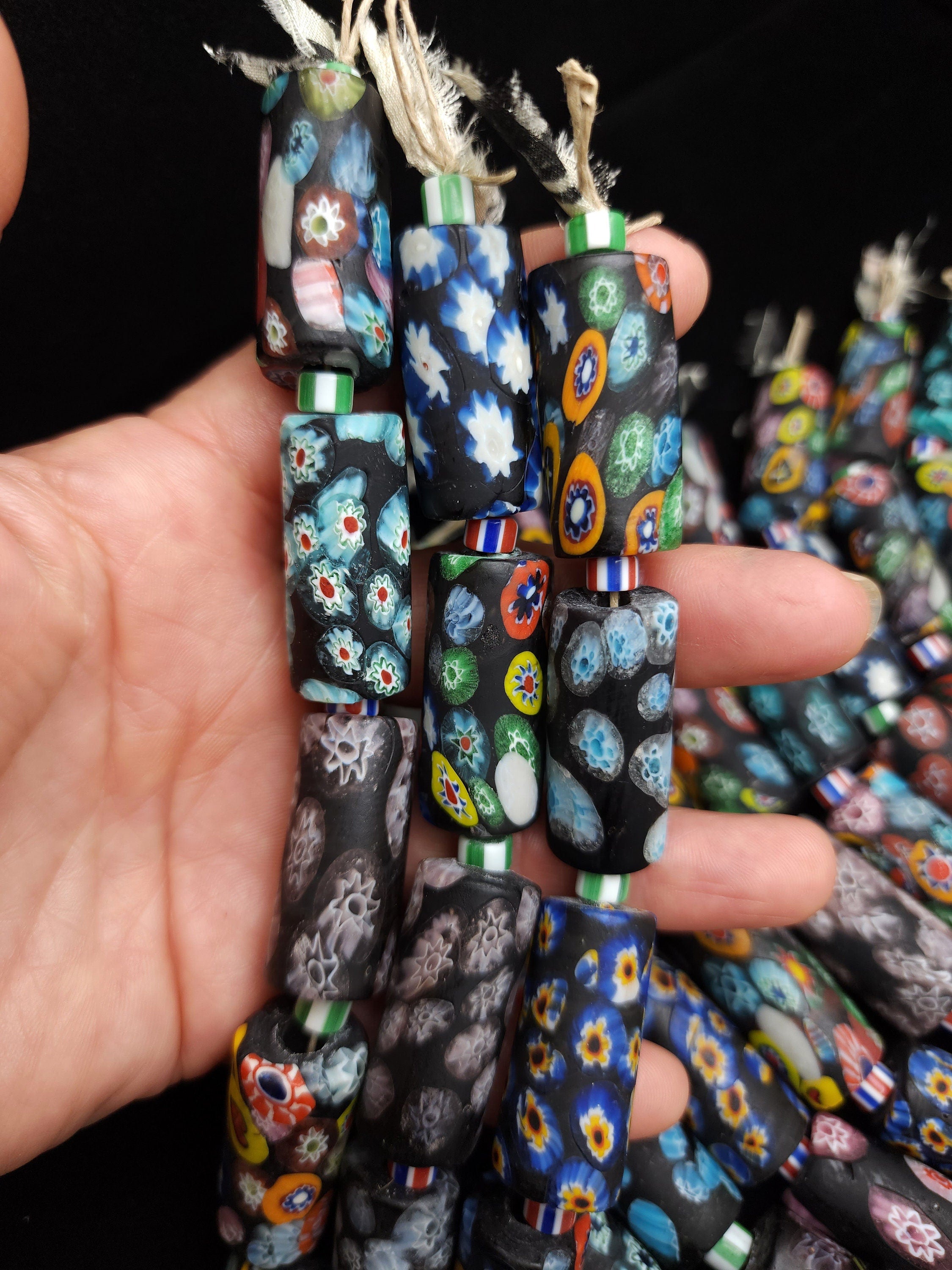 Colorful Strand With 5 Tubes Millefiori Beads   Long 32-33mm, Handmade Millefiori Beads, Venetians, Glass Beads, Jewelry Making Supplies.