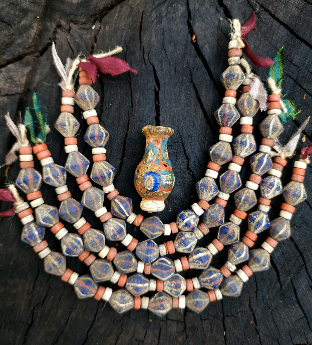 Blue Bicone Glass Beads, Strand 14-15mm, Beads With Antique Accent, Rustic, Indonesian, Jewelry Making Supplies, Craft.