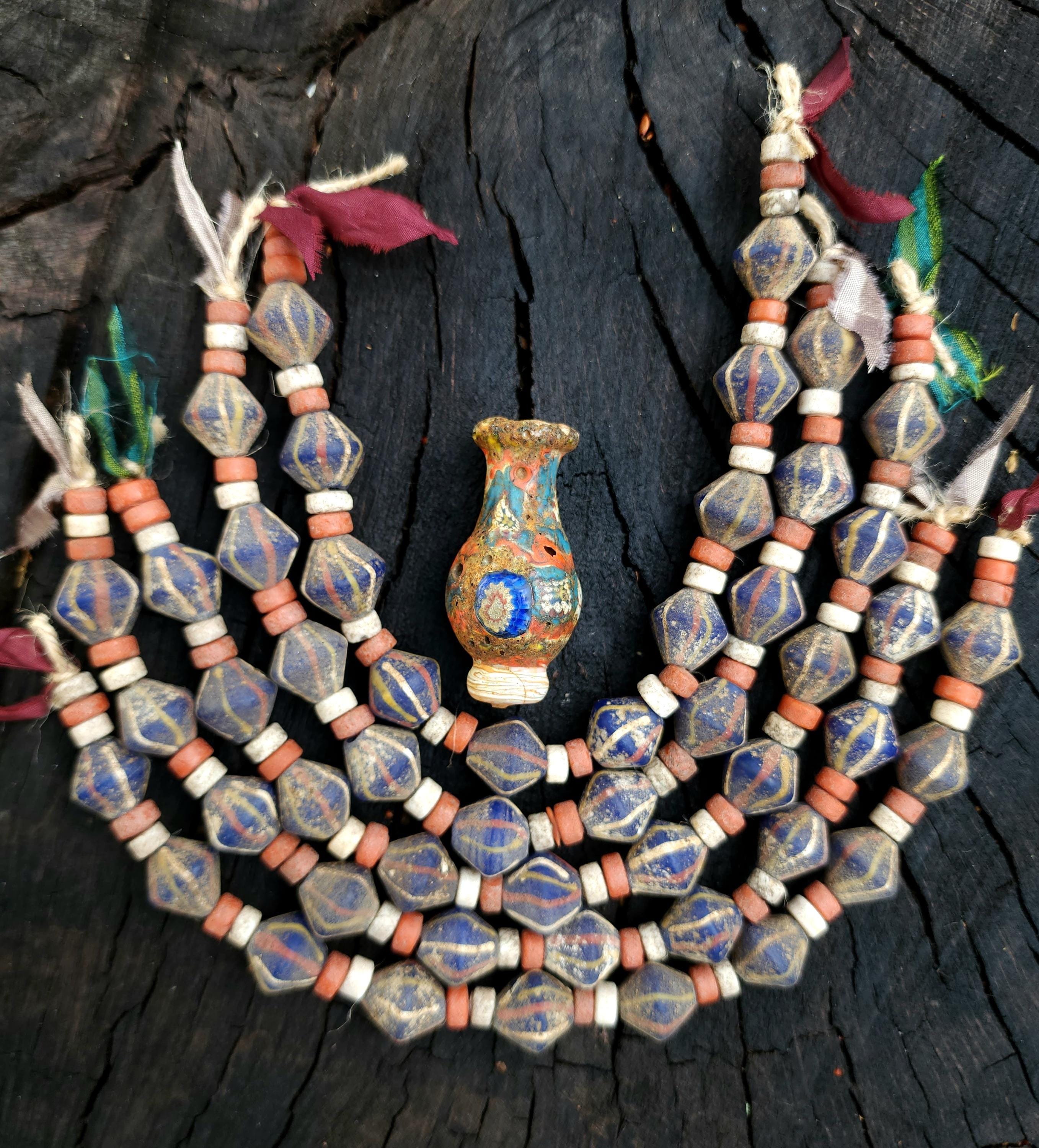 Blue Bicone Glass Beads, Strand 14-15mm, Beads With Antique Accent, Rustic, Indonesian, Jewelry Making Supplies, Craft.