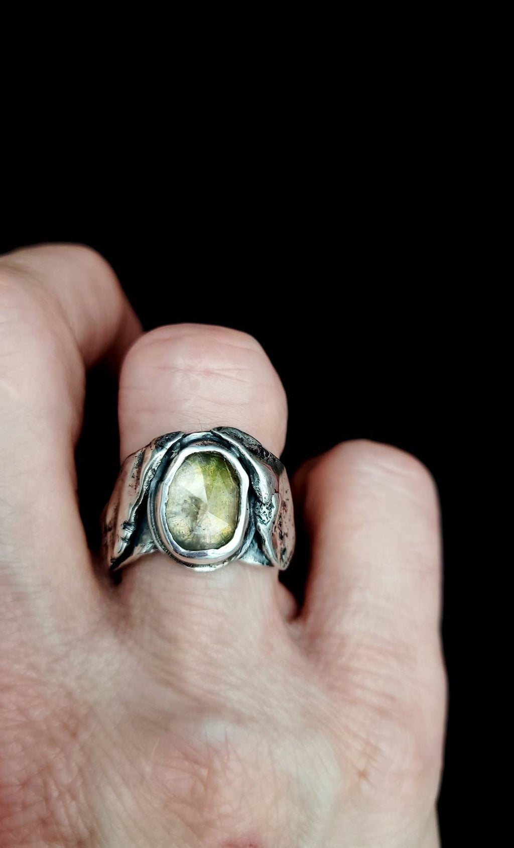 925 Reticulated Silver, And Rose Cut Sapphire Ring