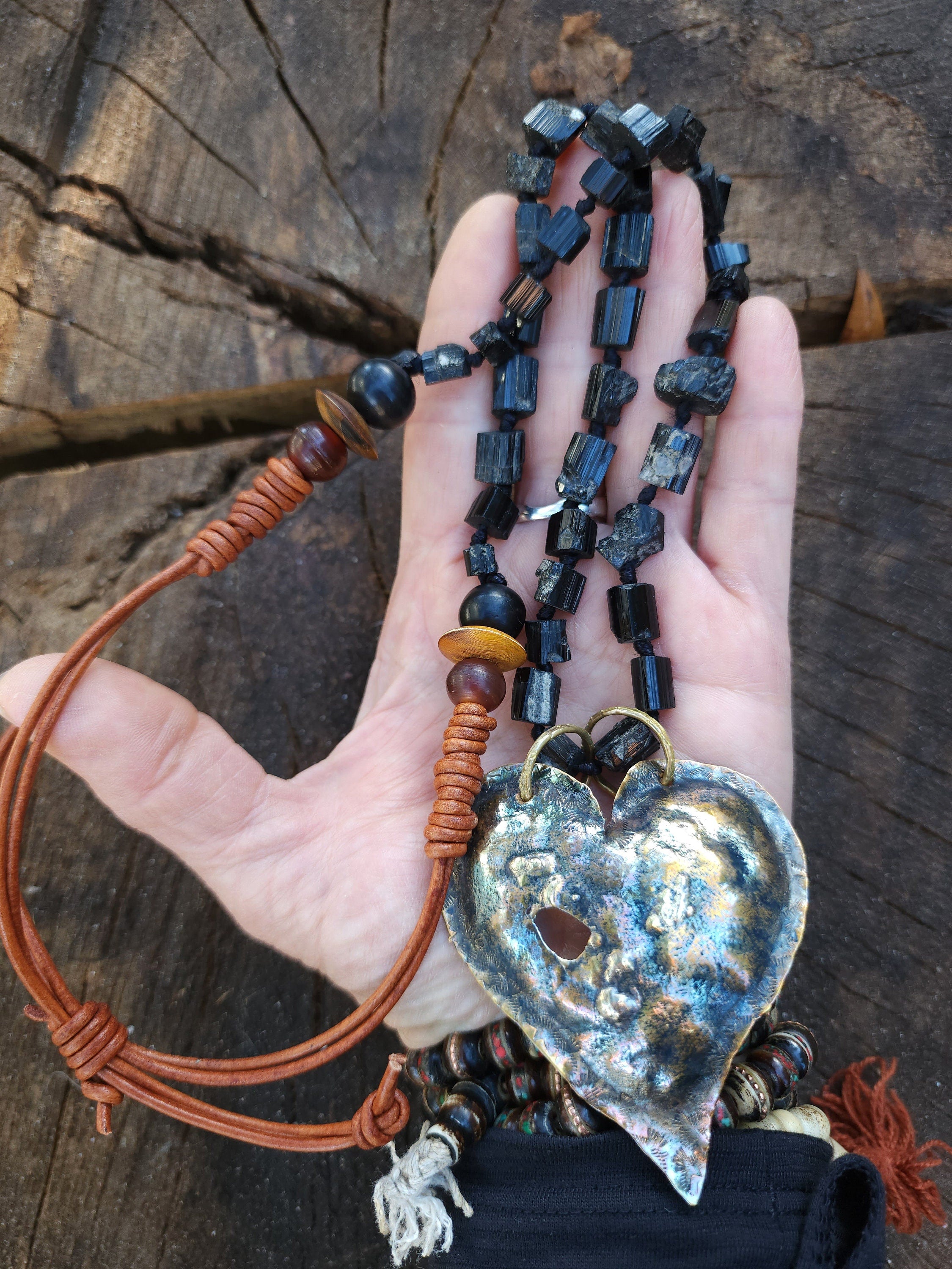 Heart necklace hammered by the hand of Laton Reticulated with silver 925, Long necklace 13-18," Black Tourmaline Natural Stone, Hand Made.