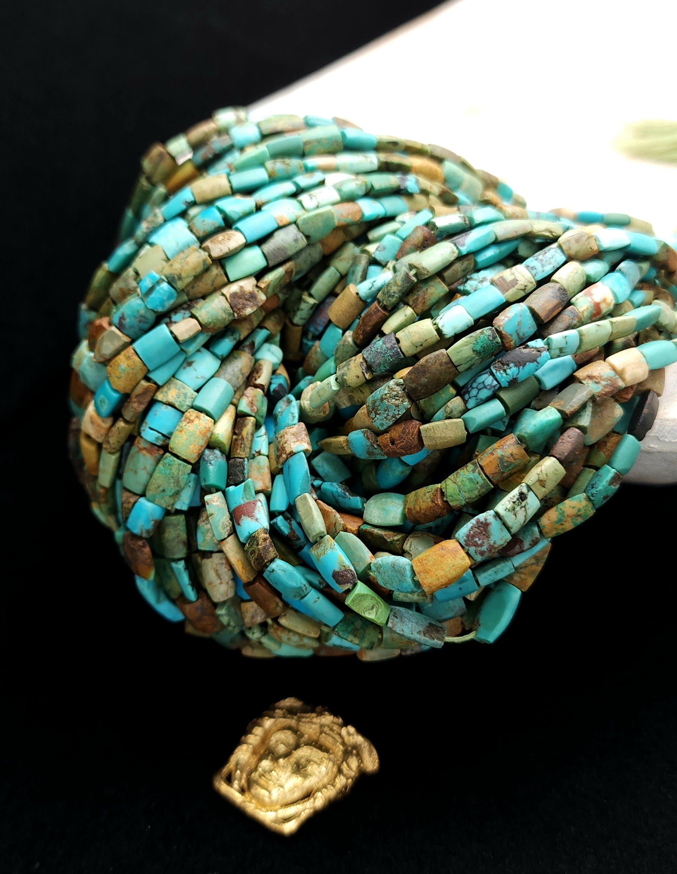 Genuine Turquoise From Afghanistan, Full Strand 15" Long 4-6mm+ Blue-green, Brown, Beige,Black,  Afghan beads, Small Flat Turquoises.