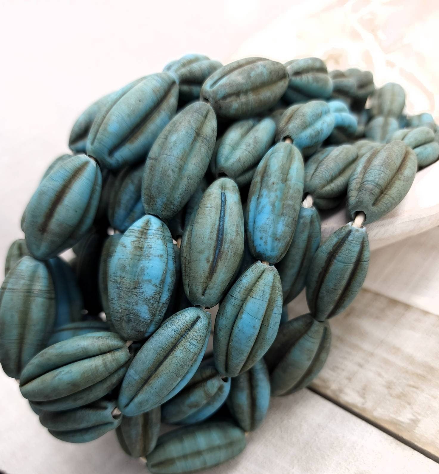 Large Oval Turquoise Blue Stained Old Rustic Glass Melons Beads  / Indonesian / 3 Beads 23-26mm  Jewelry Supplies /Java
