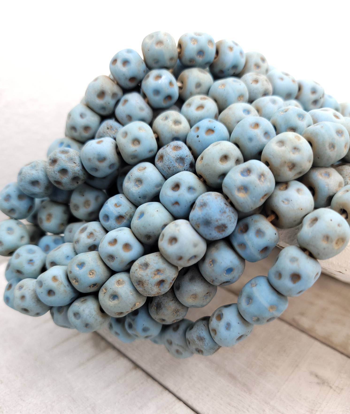 Blue Glass Beads With Rustic Accent 15 Beads 10-11 × 10-11mm / Lampwork Beads / Indonesian / Thailand / Jewelry Making Supplies, Craft.