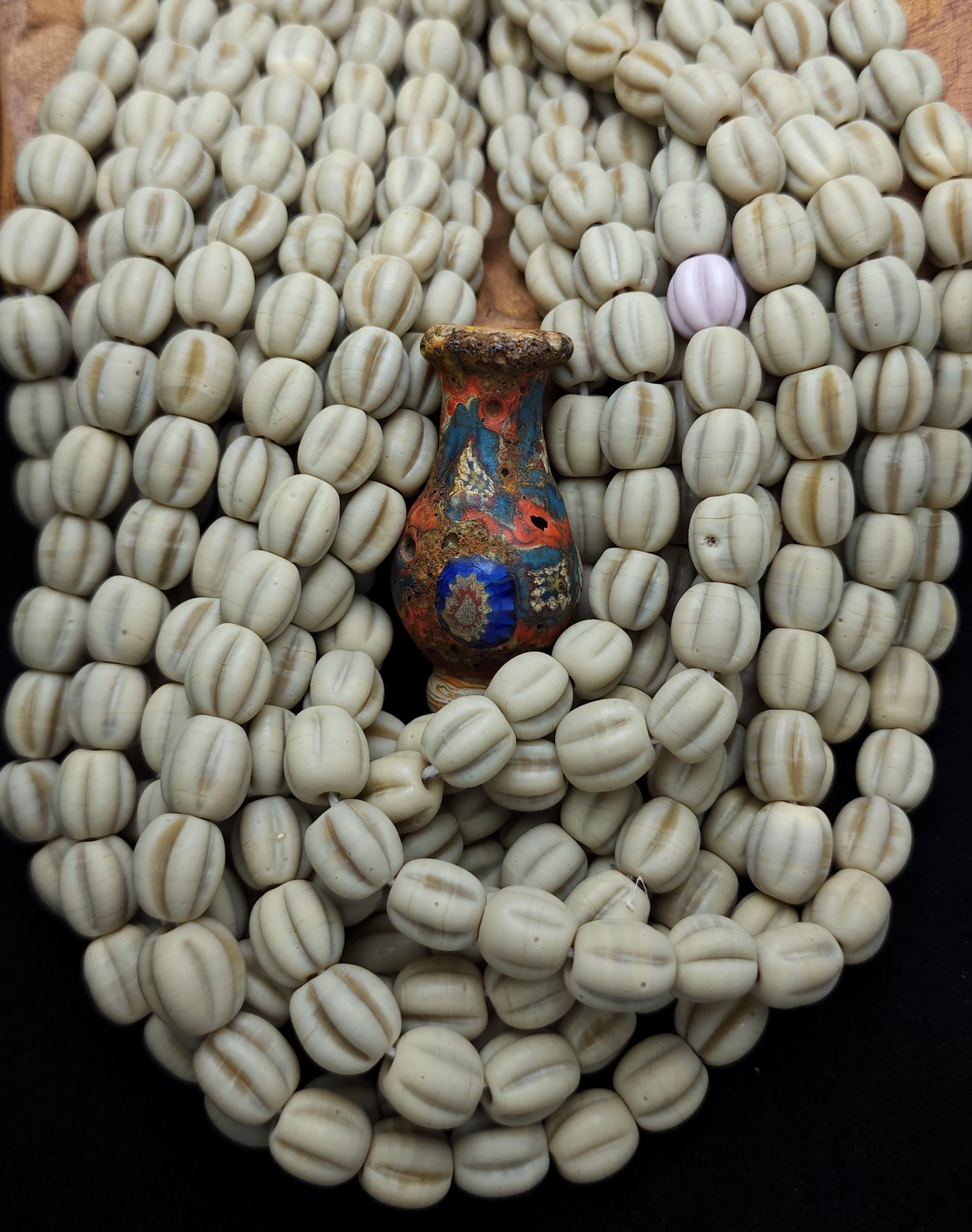 Strand of 12 Melon Glass Beads 10-11mm, Opaque Beige Beads Handmade in Java, Indonesia, Pumpkin Ethnic Artisan Beads, Jewelry Supplies