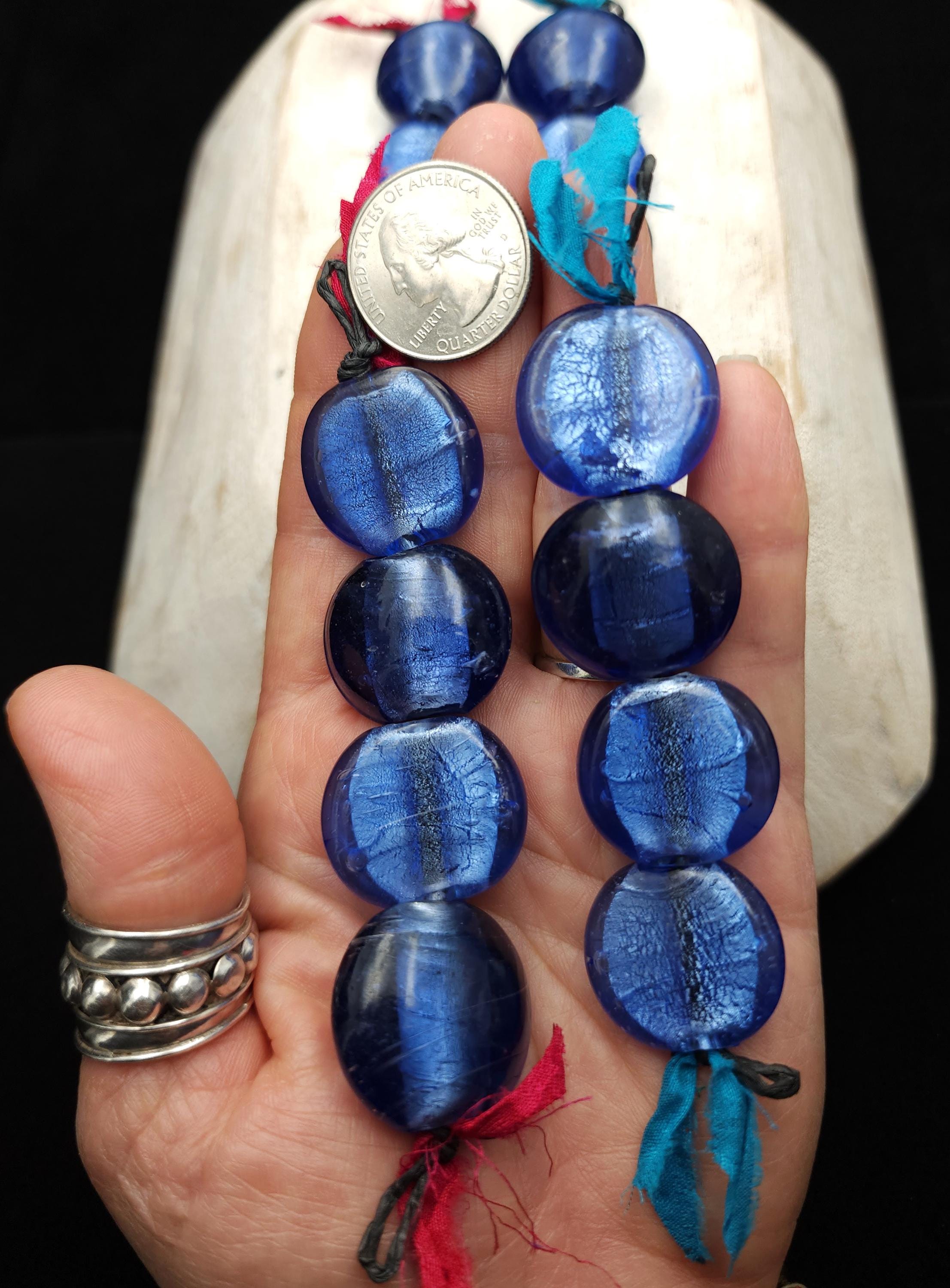 Murano Lampwork Silver Foil Beads 23-26mm Strand With 4 Blue Glass Beads, Puffy & Flat Coin Beads, Jewelry Making Supplies.