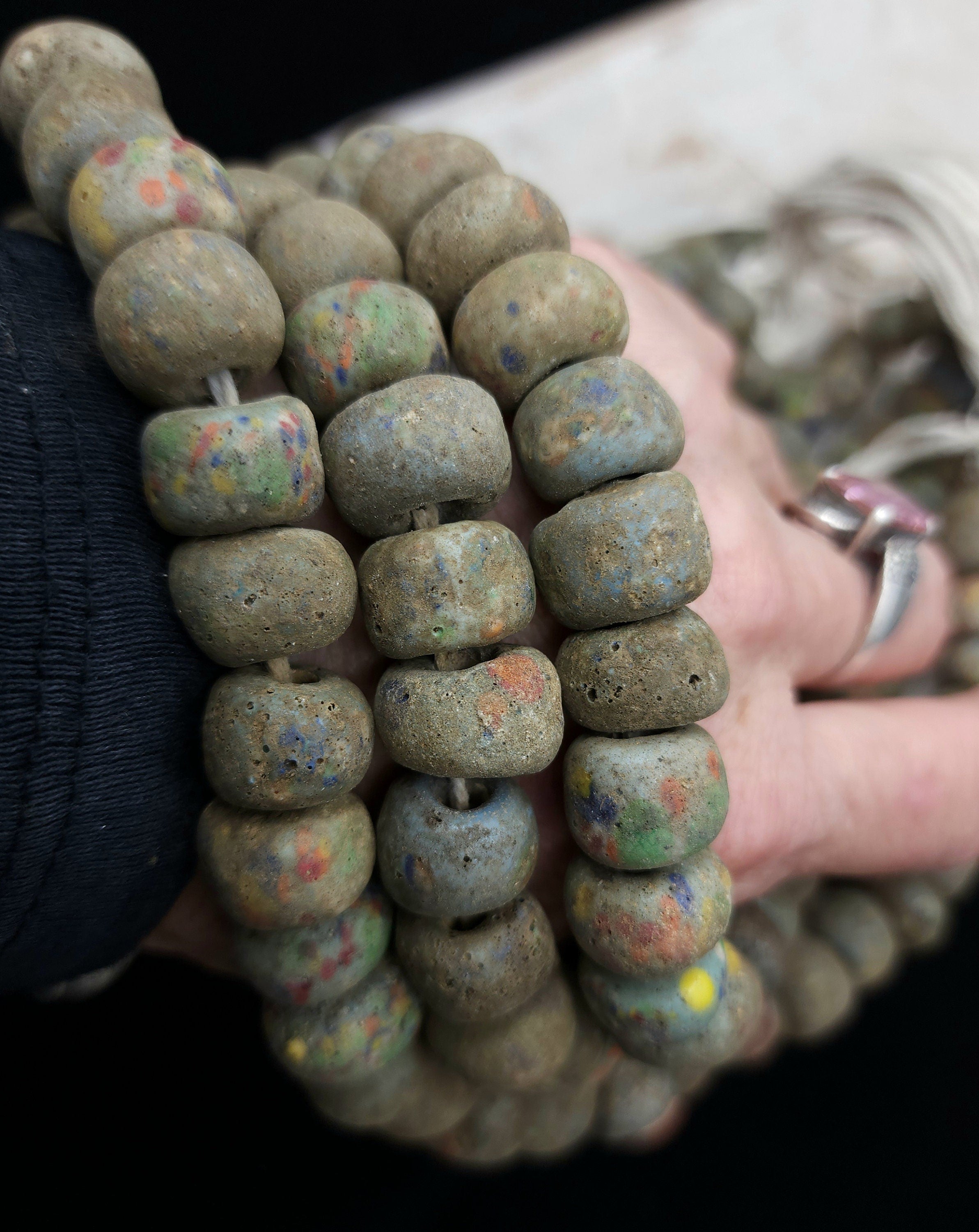 Graduated Strand of Very Old Glass Beads Like Hebron 13-14mm Strand With 6 Beads / Ancient / Tribal / Vintage / Jewelry  Supplies.