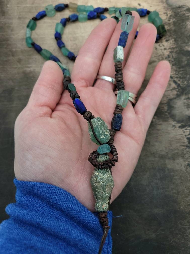 Beautiful Necklace With Lapis Lazuli High Quality Leather And Authentic Ancient Rome Glass / Very Old Roman Glass / For Men & Women / Long N