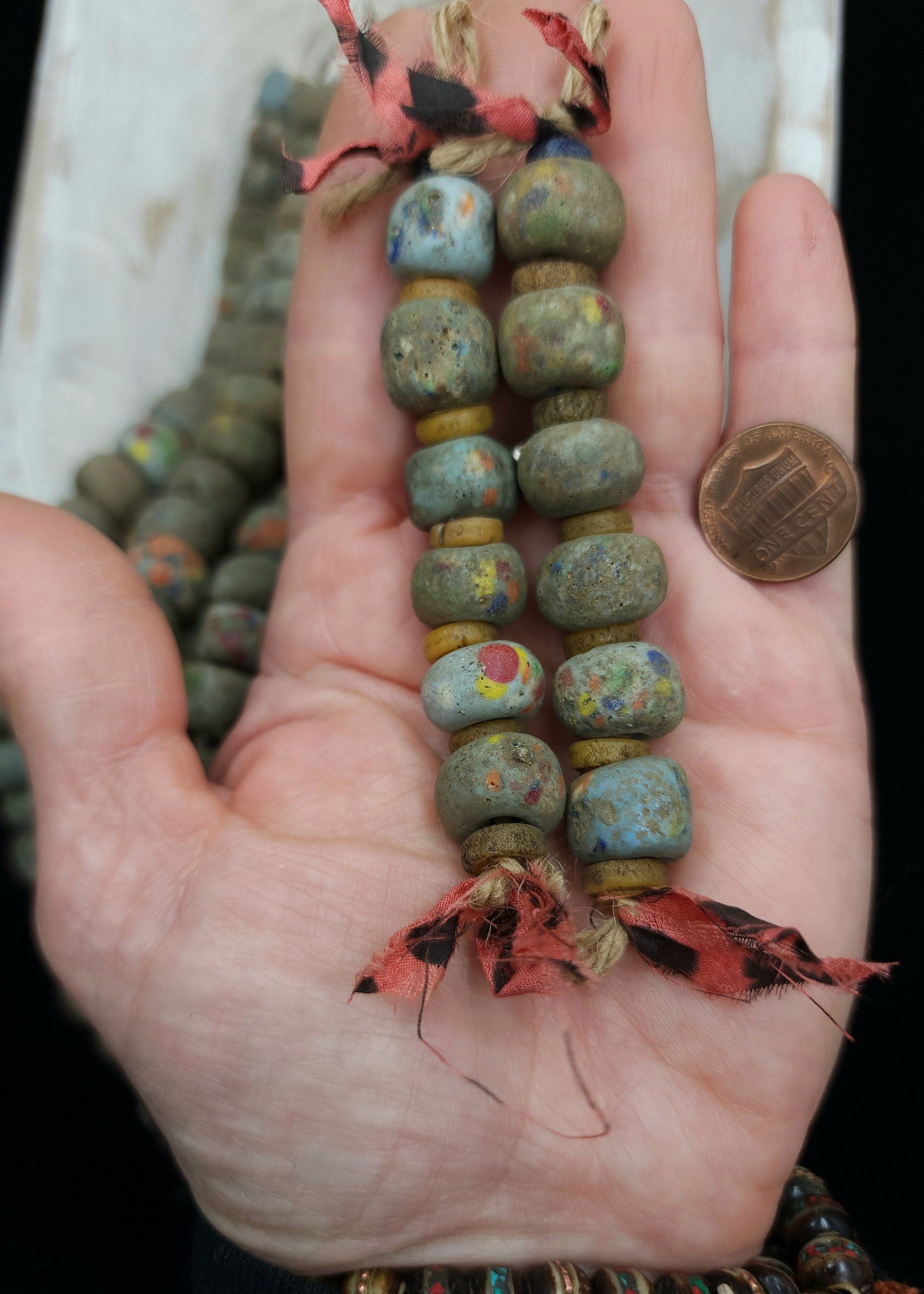 Graduated Strand of Very Old Glass Beads Like Hebron 13-14mm Strand With 6 Beads / Ancient / Tribal / Vintage / Jewelry  Supplies.