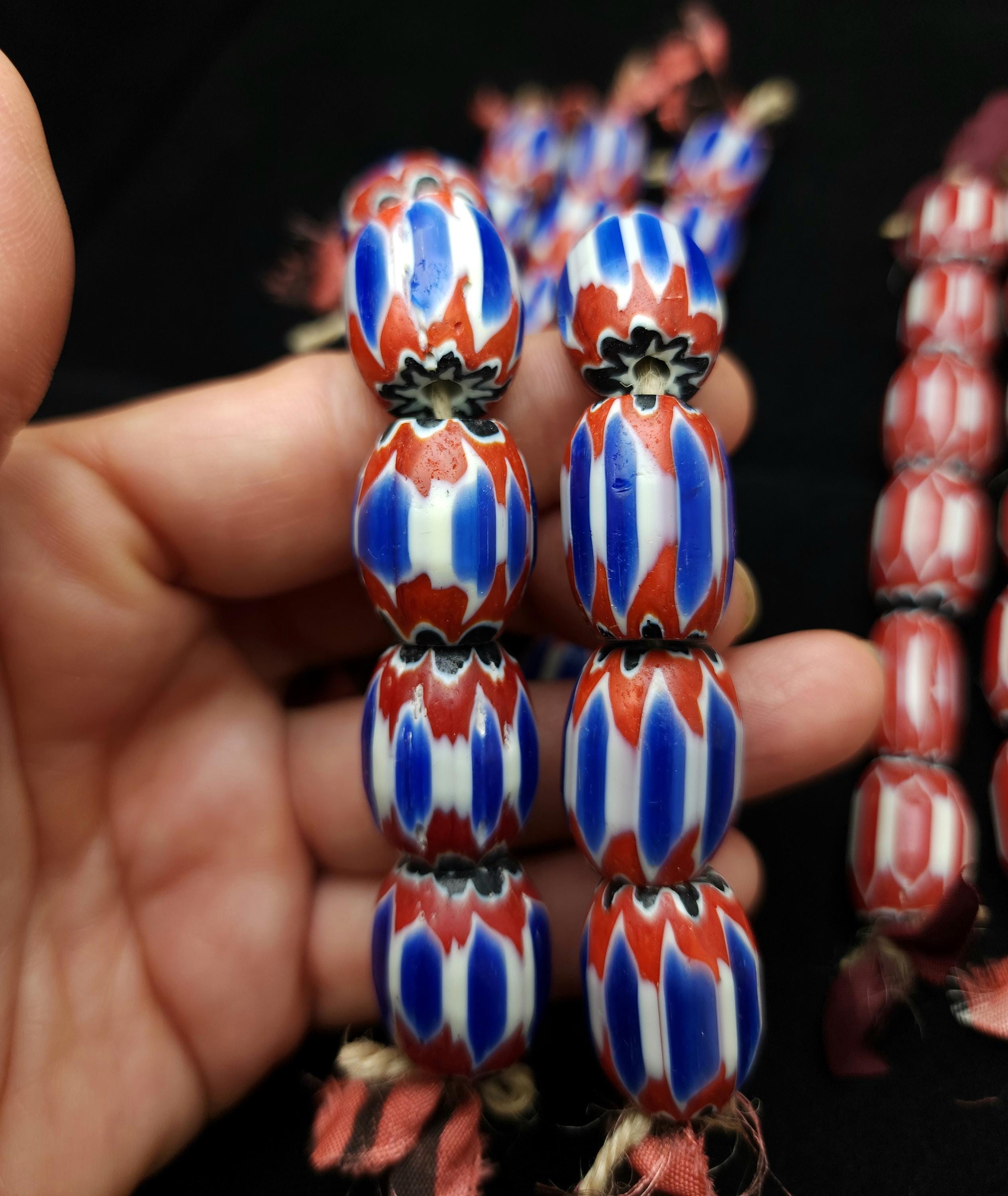 Blue Chevron Glass Beads 19-21×14-17mm Or Red 15-21x12-16mm Strand With 6 Beads, Trade Beads, Jewellery Making Supplies.