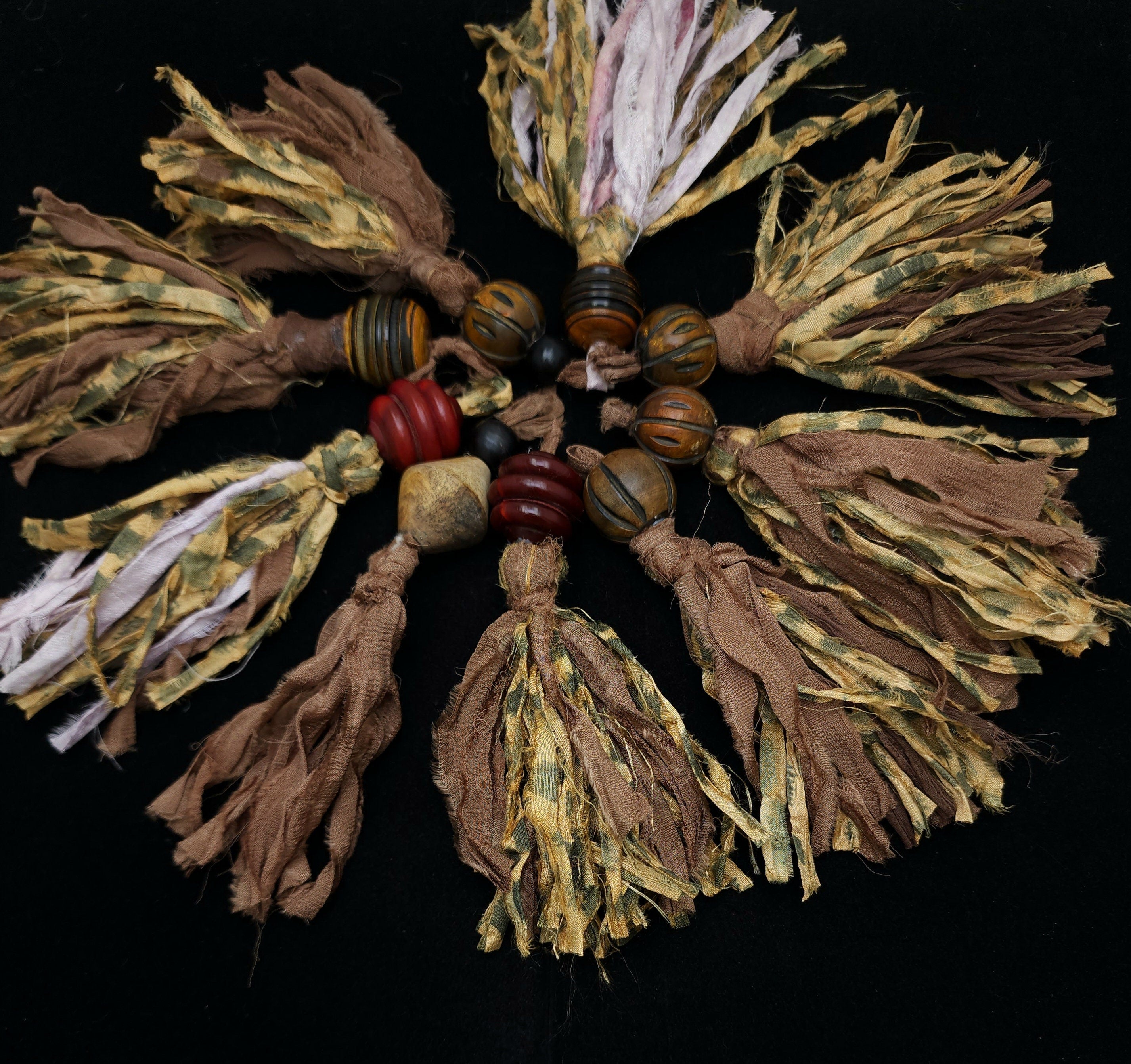 Silk Sari Tassel for Mala Beads - Unique Mala Necklace Tassel - Fair Trade Sari Silk - Handmade Tassels - Horn Bead - Jewelry Supplies