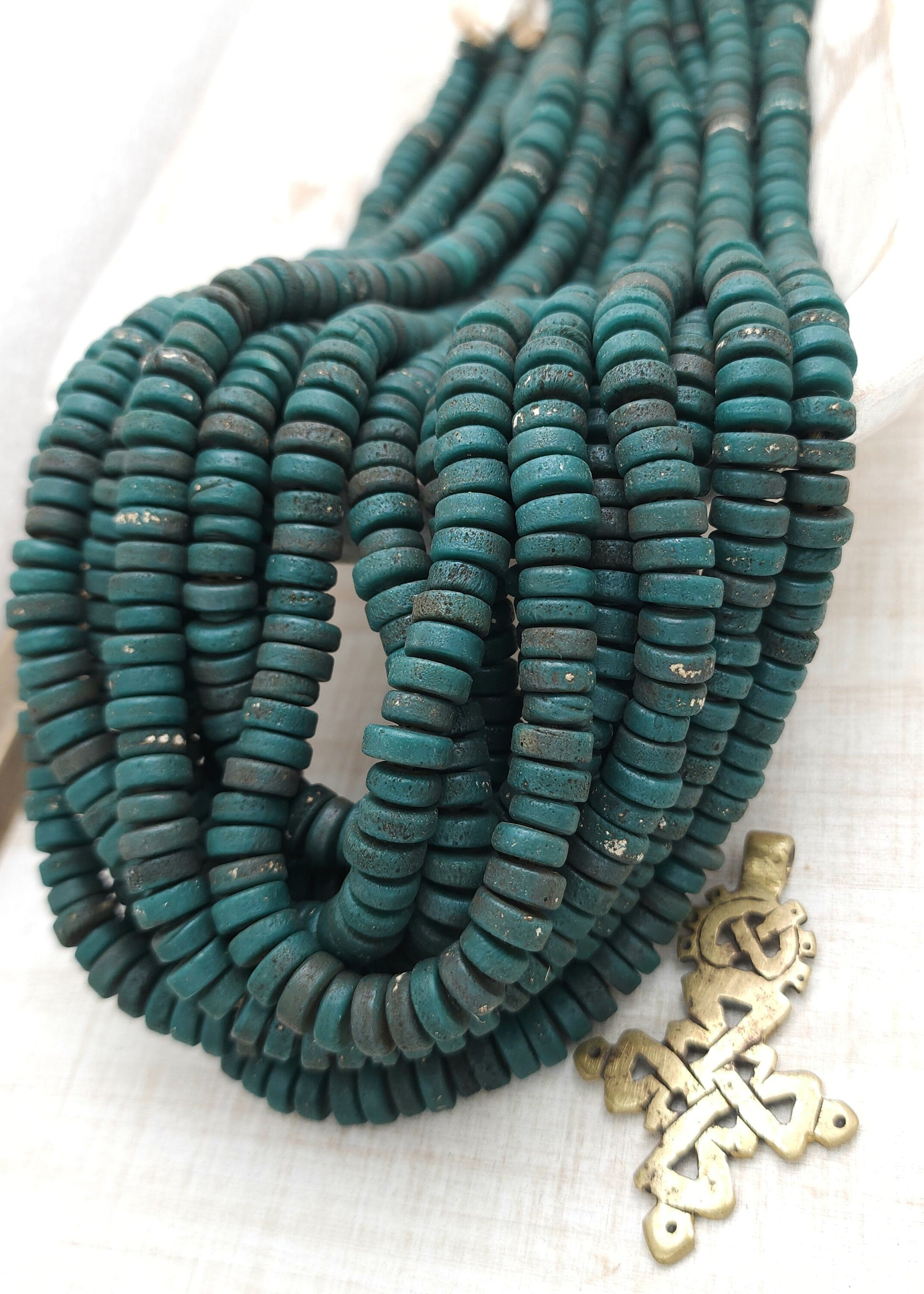 Green Glass Beads With Strong Old Rustic Accent Raw Texture, Option To Choose 7-8 Or 9-10mm Strand 10", Heishi, Indonesian Beads.