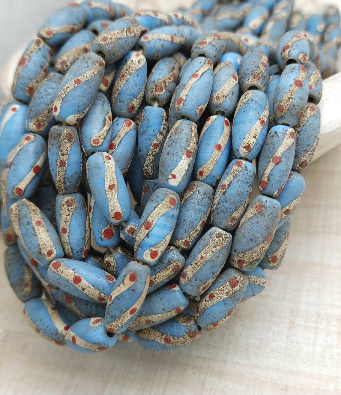 Sky Blue Glass Beads With Rustic Accent Made by Indonesian Artisans /Java / 10 Beads 18-20mm x 10mm /Jewelry Supplies / Vintage / Venetian /