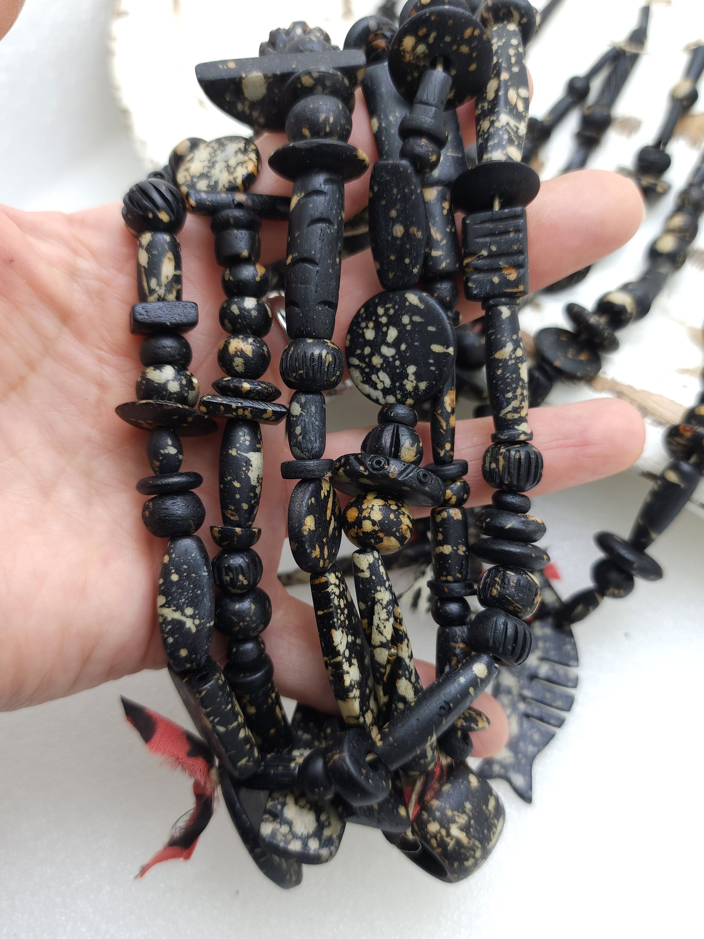 Splattered Black Bone Beads / Strand 14"+ Variety Of Bone Beads / Tribal / Ethnic / Boho / Fun Beads / Jewelry Making Supplies.