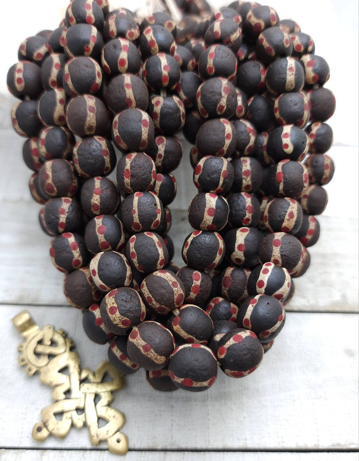 Dark Brown Glass Beads with Old Rustic Accent  12-13mmx12-13mm 12 Beads Per Strand / Jewelry Supplies / Java / Indonesia / Tribal / Ethnic