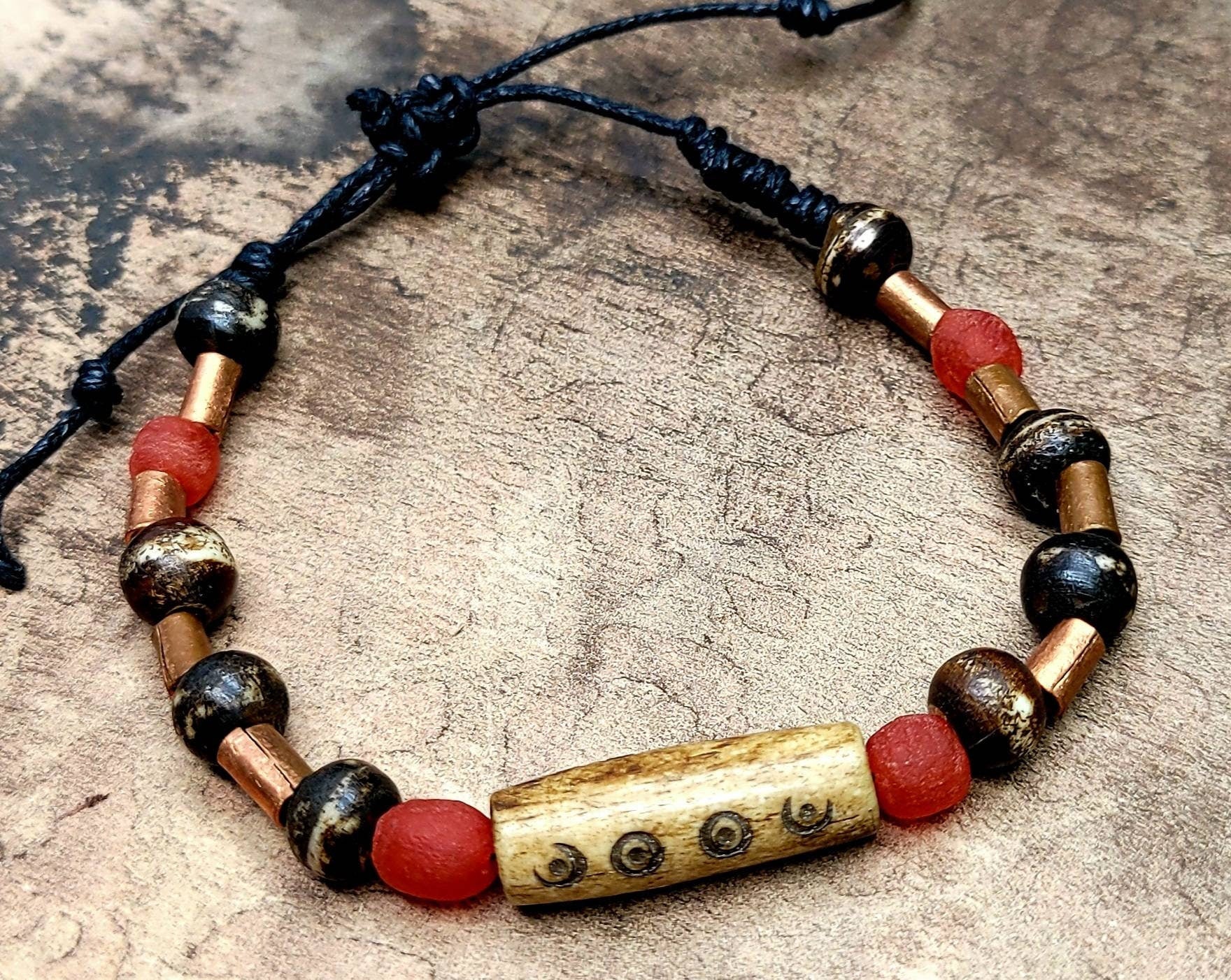 Hippie bracelet, boho, copper, carved bone beads, African beads.