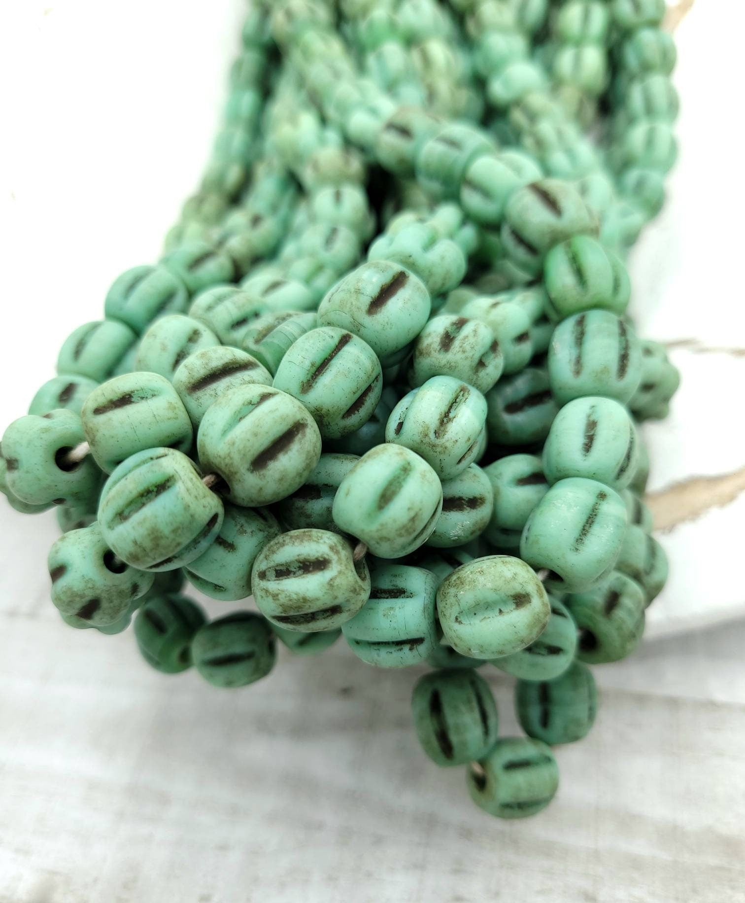 Melon Shaped Glass Beads With Accent Rustic Old Look 10-11mm Strand of 12 Beads, Jewelry Making Supplies, Pumpkins Beads.