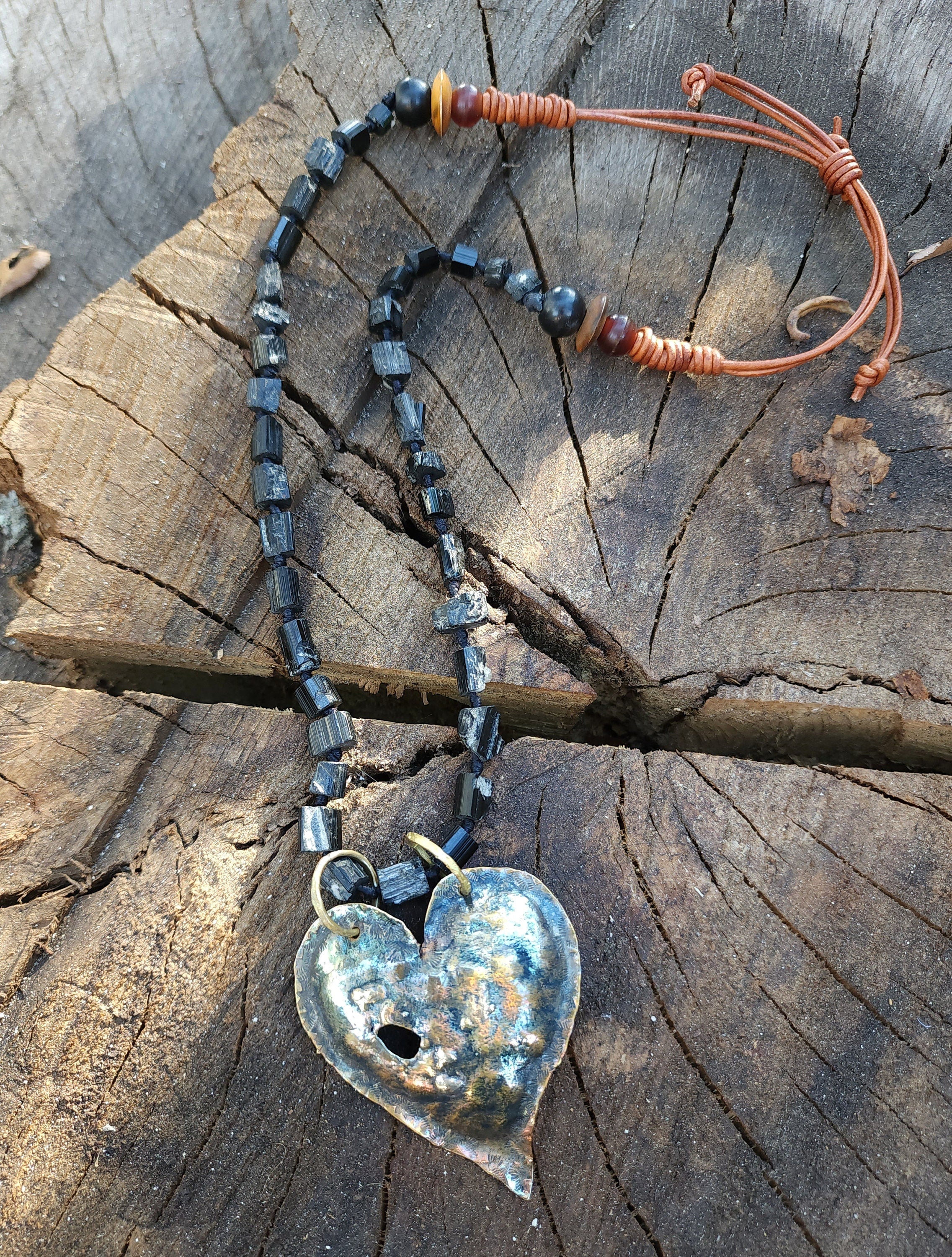 Heart necklace hammered by the hand of Laton Reticulated with silver 925, Long necklace 13-18," Black Tourmaline Natural Stone, Hand Made.