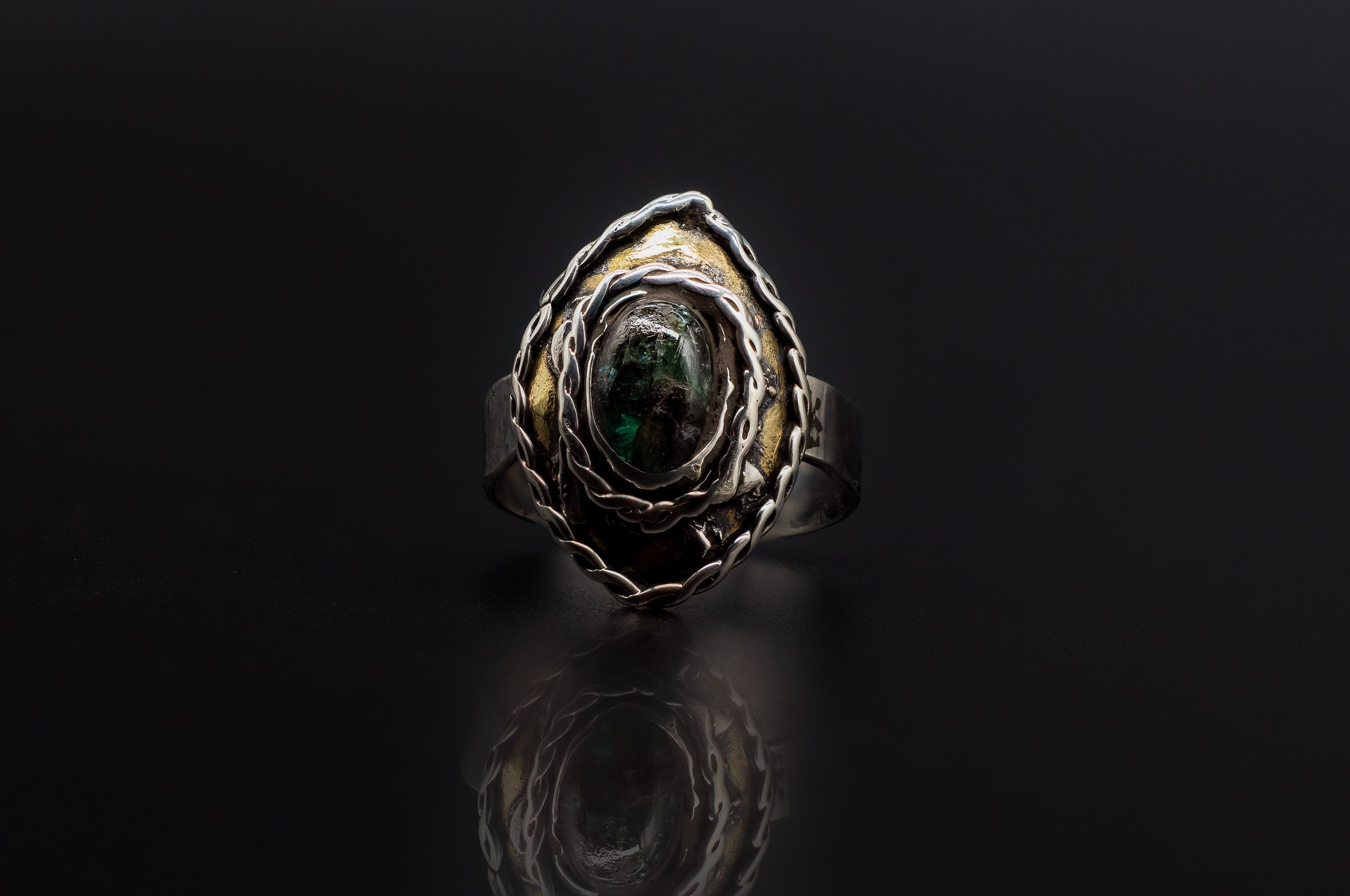 Ring Size 10 925 Sterling Silver, Golden Brass, And Authentic Natural Emerald Ring
