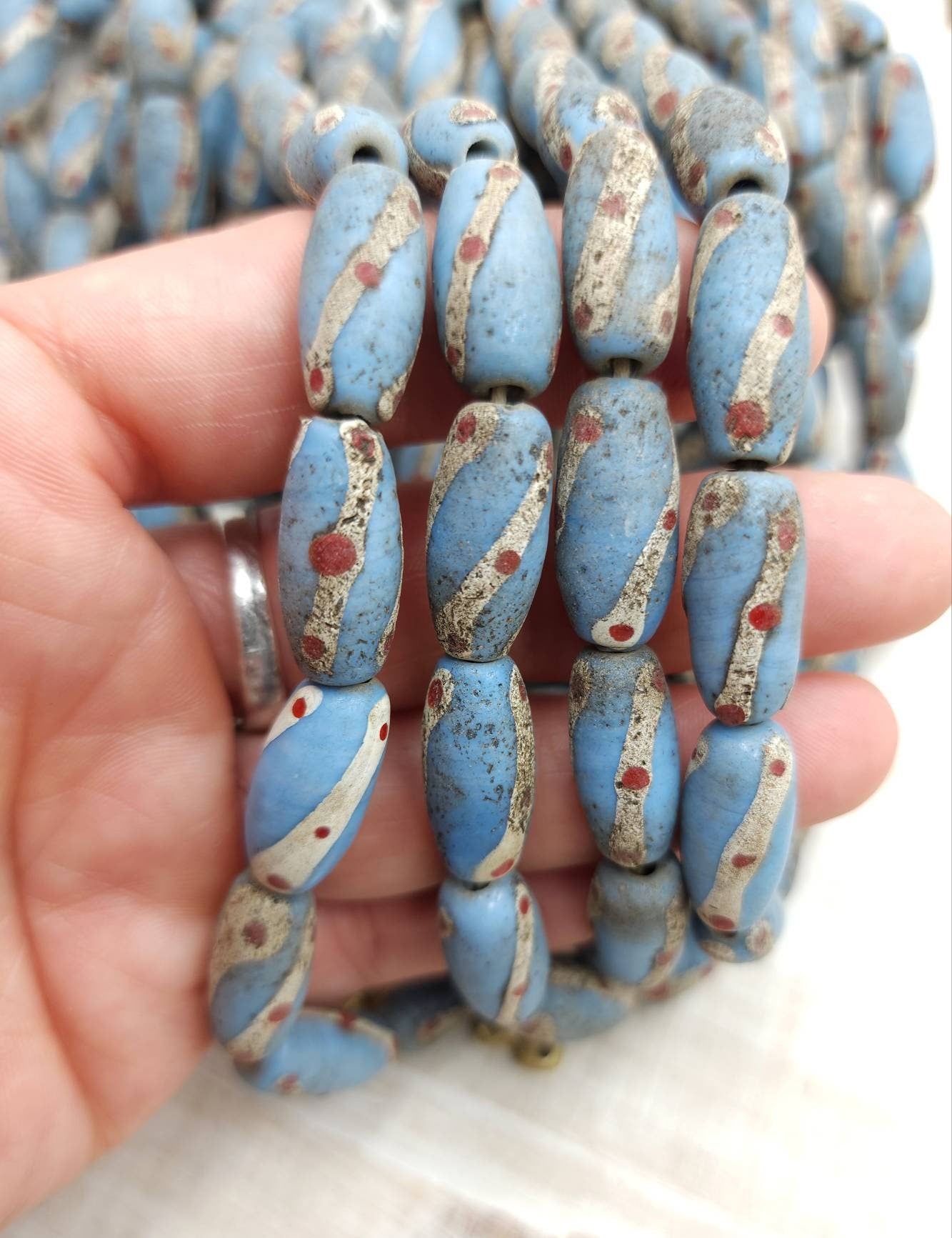 Sky Blue Glass Beads With Rustic Accent Made by Indonesian Artisans /Java / 10 Beads 18-20mm x 10mm /Jewelry Supplies / Vintage / Venetian /