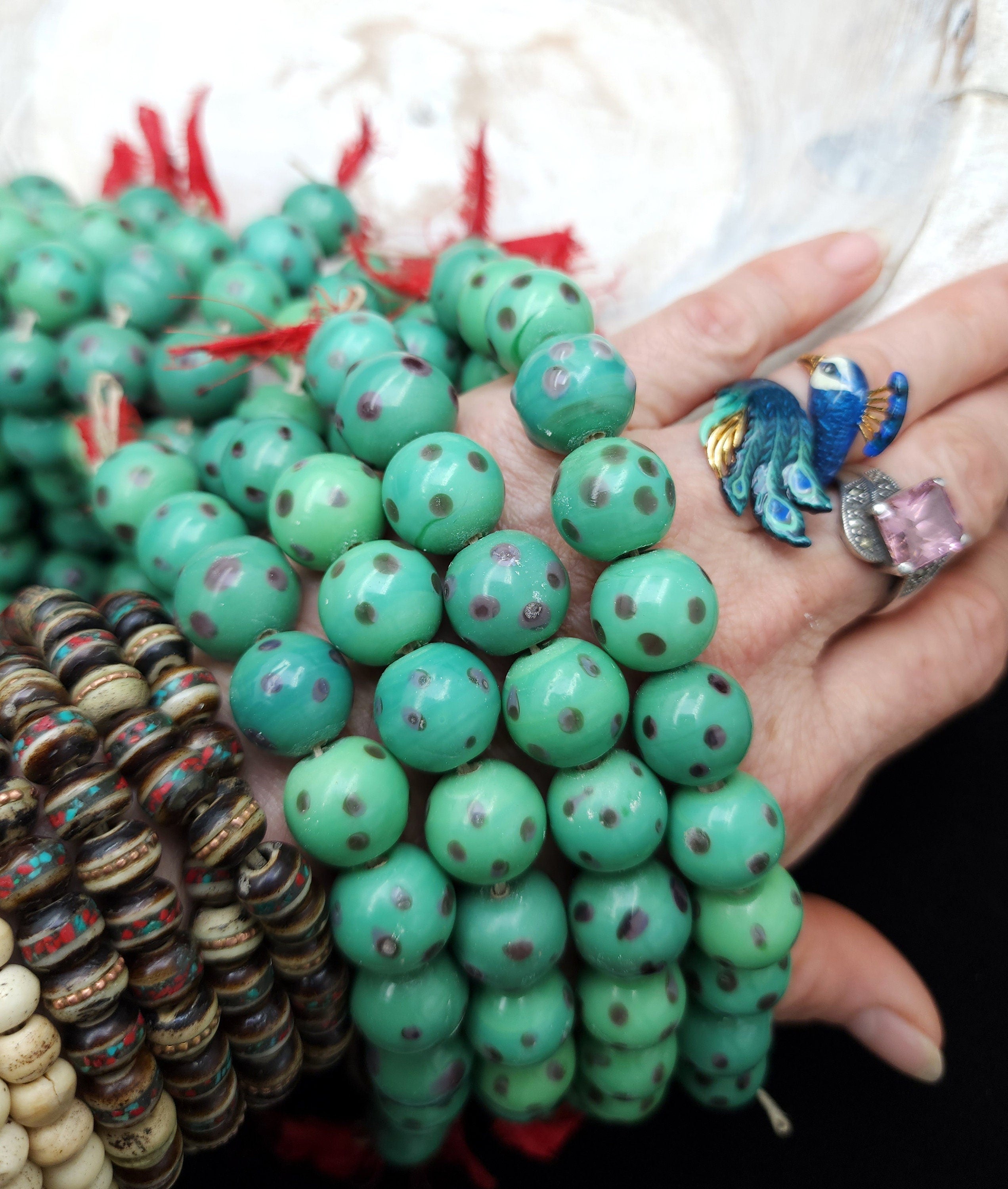Dots Glass beads, Strand with 12 Big Beads 14-15mm, Handmade beads, Jewelry Making Supplies.