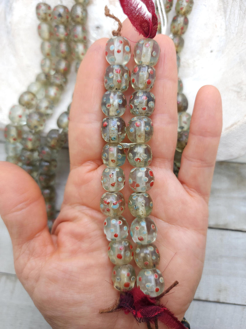 Old Eye Translucent Glass Beads, Strand 10 Beads 11-13mm, Big Hole Beads, Vintage, Indonesian, Venetian, Jewelry Making Supplies, Craft.
