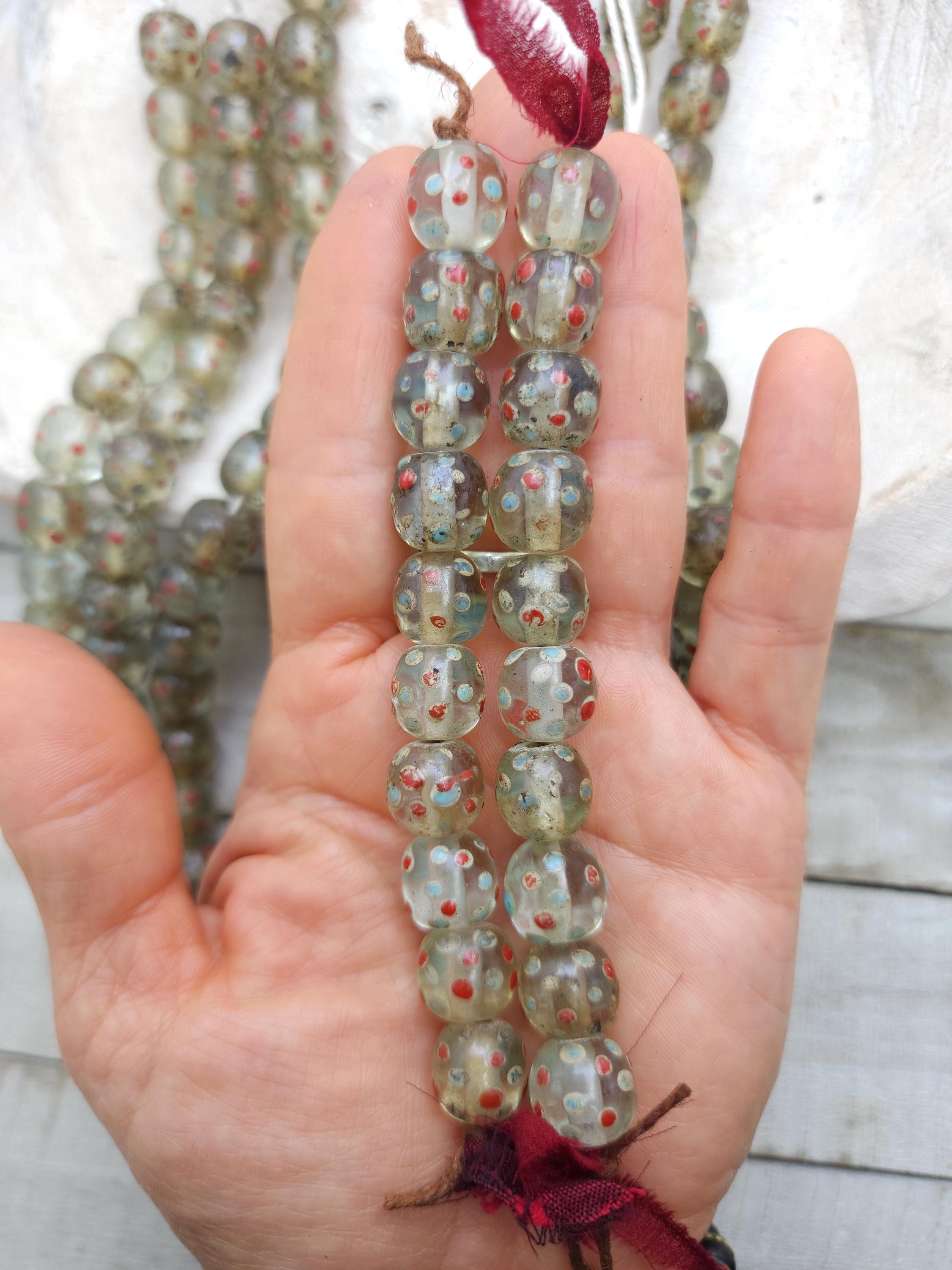 Old Eye Translucent Glass Beads, Strand 10 Beads 11-13mm, Big Hole Beads, Vintage, Indonesian, Venetian, Jewelry Making Supplies, Craft.