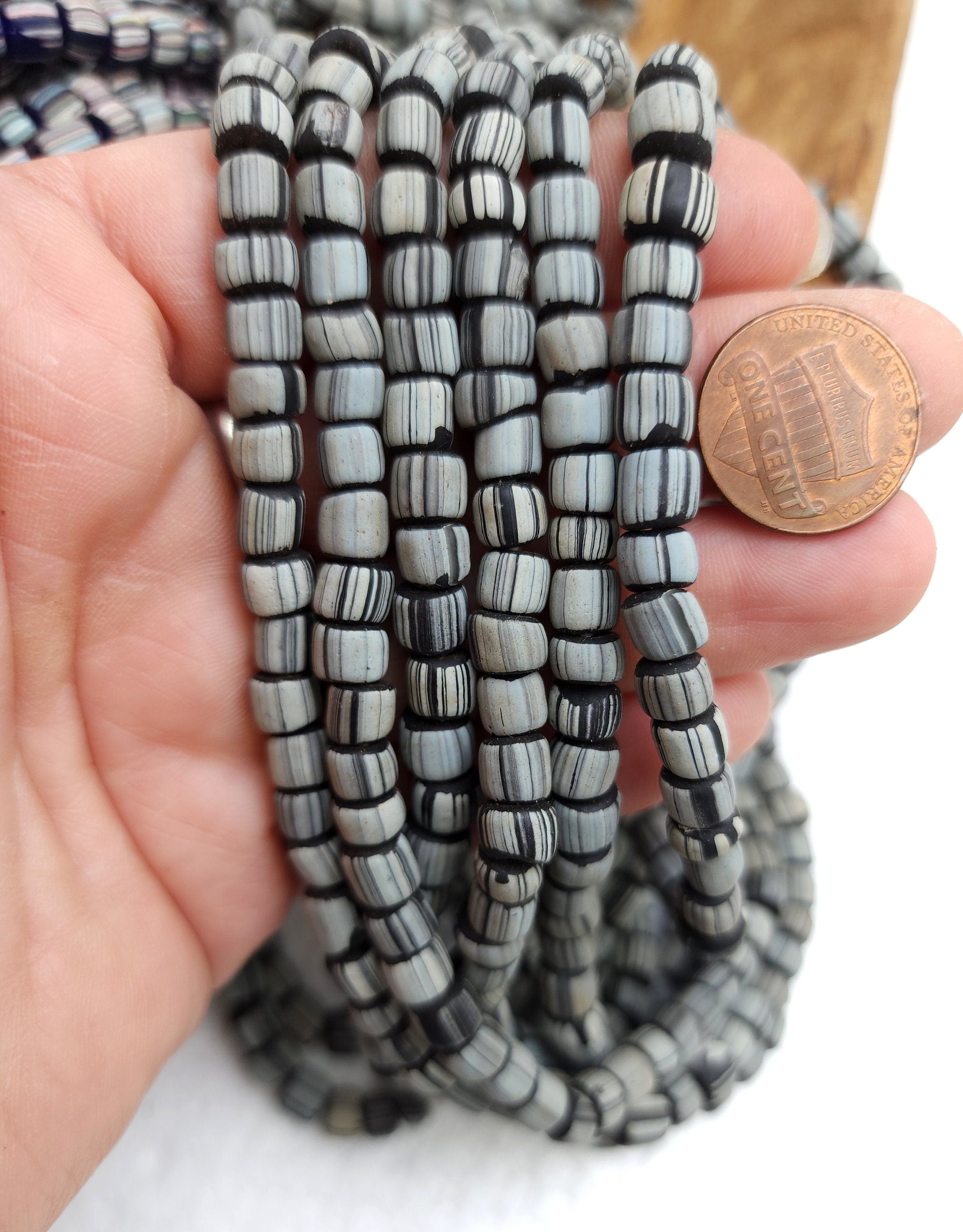 Full Strand 23" Venetian Style Currant Beads / Small Striped Java Beads 5-6mm / Choose Striped Blue Or Black Striped Gray  / Indonesia