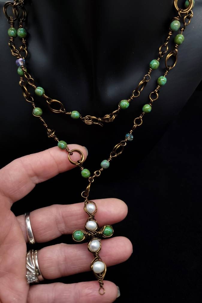 Pearls & Greens Necklace | Copper | Pearls | Rosary| Crystal