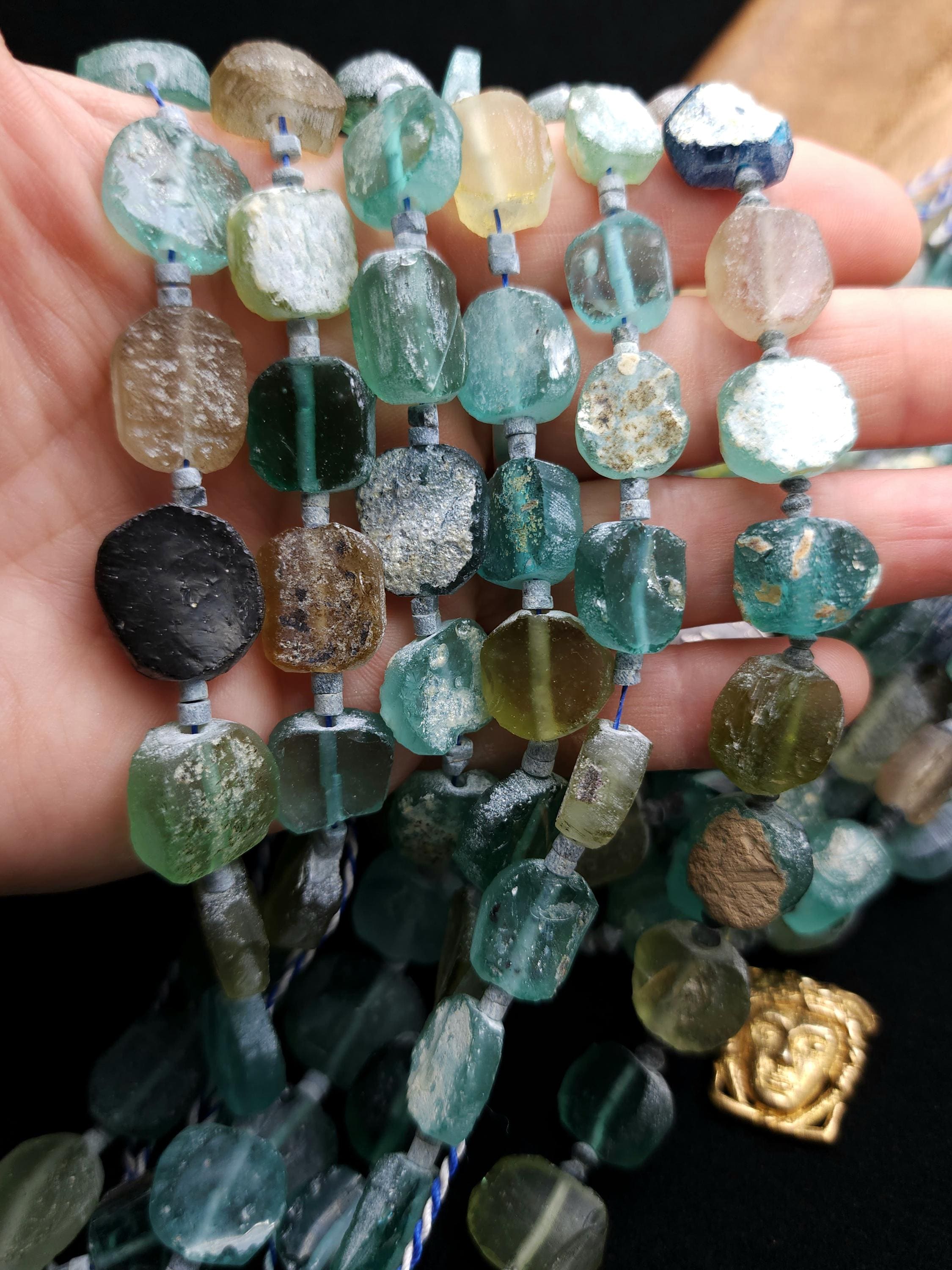 Unique Roman Glass Strand 15" Inches Long 10-18mm, Very Old Glass From Ancient Rome From Afghanistan, Excavated Beads, Jewelry Supplies.
