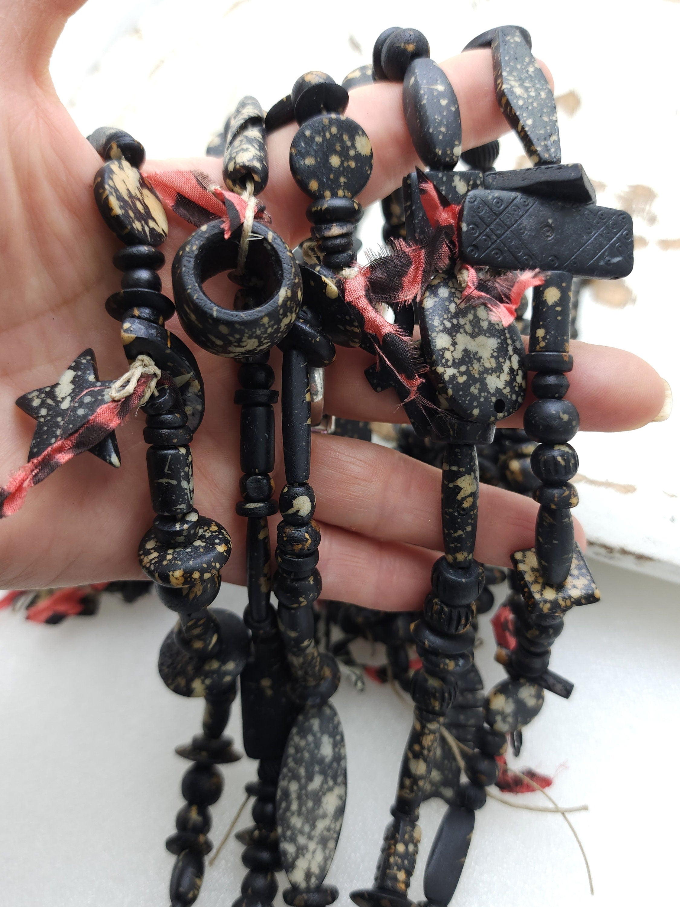 Splattered Black Bone Beads / Strand 14"+ Variety Of Bone Beads / Tribal / Ethnic / Boho / Fun Beads / Jewelry Making Supplies.