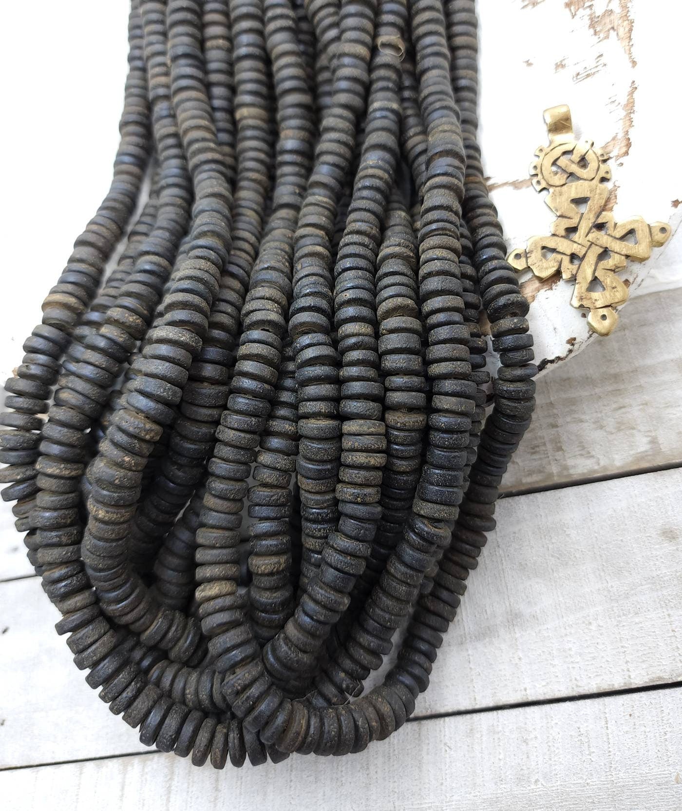 Wow Beautiful Black Beads With Old Rustic Accent 9-10-mm Strand 10" Long / Java / Indonesian / Glass Beads / Tai Beads / Jewelry Supplies.