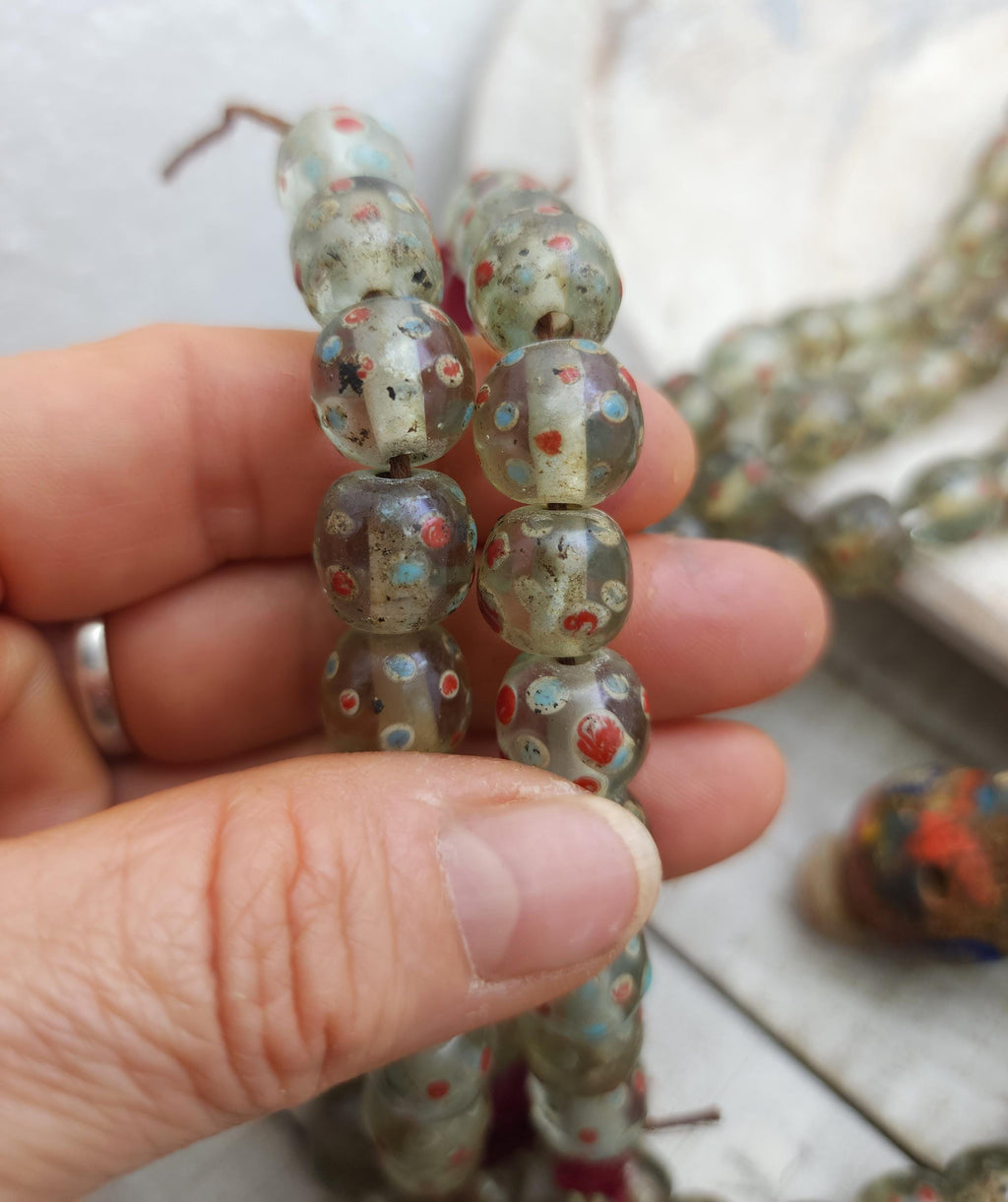 Old Eye Translucent Glass Beads, Strand 10 Beads 11-13mm, Big Hole Beads, Vintage, Indonesian, Venetian, Jewelry Making Supplies, Craft.