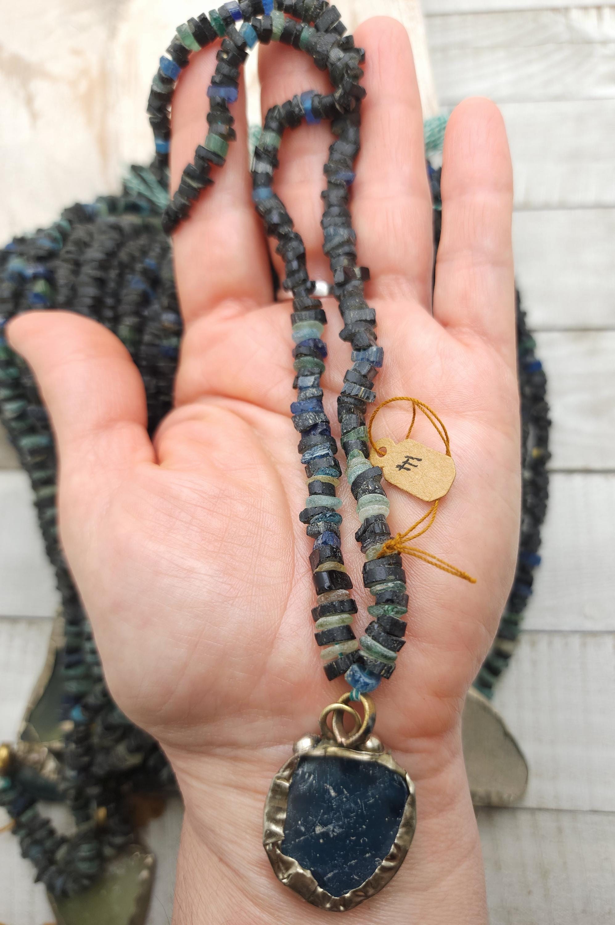 Unusual Dark Beads of Ancient Rome, Rustic Beads, Afghan Jewelry, Large Roman glass pendant, Strand 14-15" 4-10mm, Jewelry Supplies