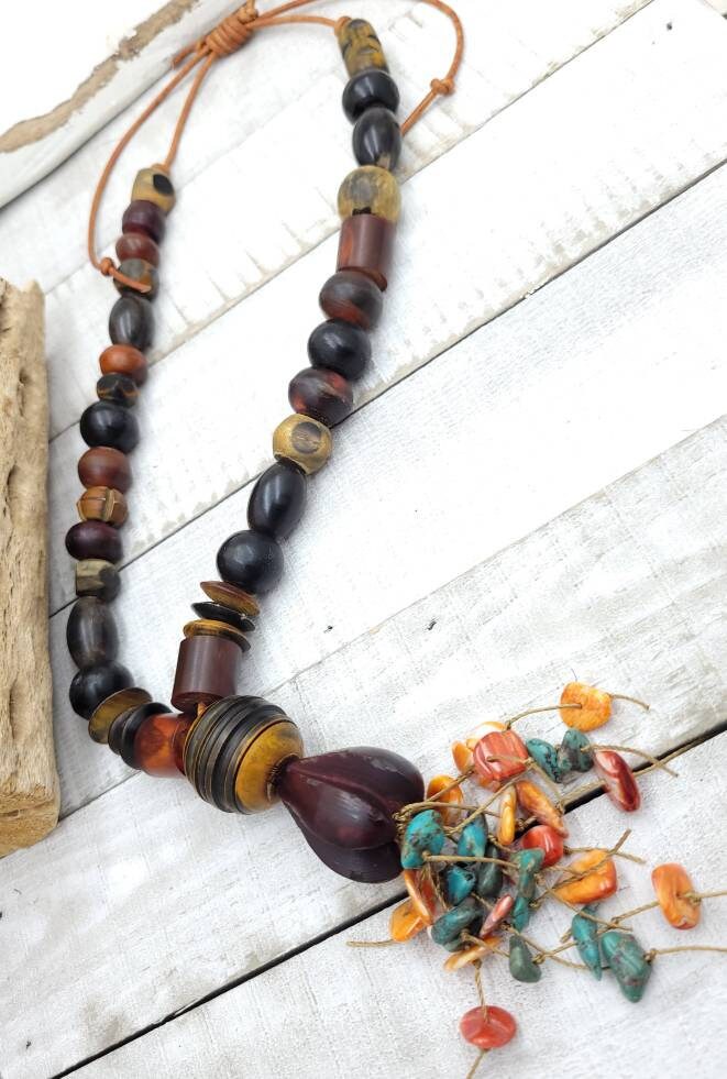 Beautiful Vintage Long Necklace Genuine Leather & Bone Beads Hand Carved  Authentic Turquoise Spiny Oyster Shell Beads / Boho Tribal Ethnic.