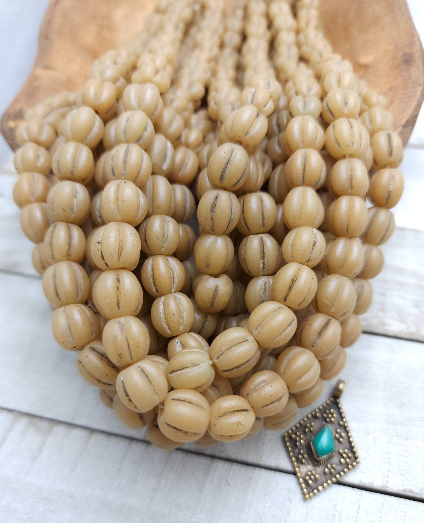 Old Glass Melon Shaped Beads Strand of 12 Beads 10-11mm / Indonesian Beads / Java / Vintage / Jewelry Making Supplies / Oriental Beads.