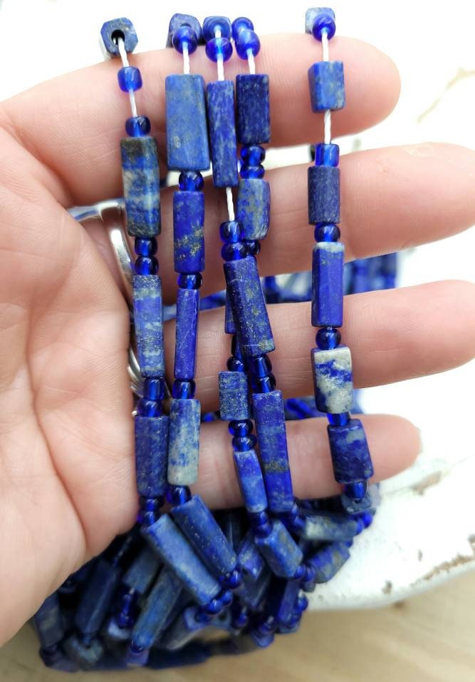 Beautiful Tube Shaped Lapis Lazuli /Cylindrical Beads  Afghan Lapis Lazuli Strand 16-17" Inches Long / Jewelry Supplies.