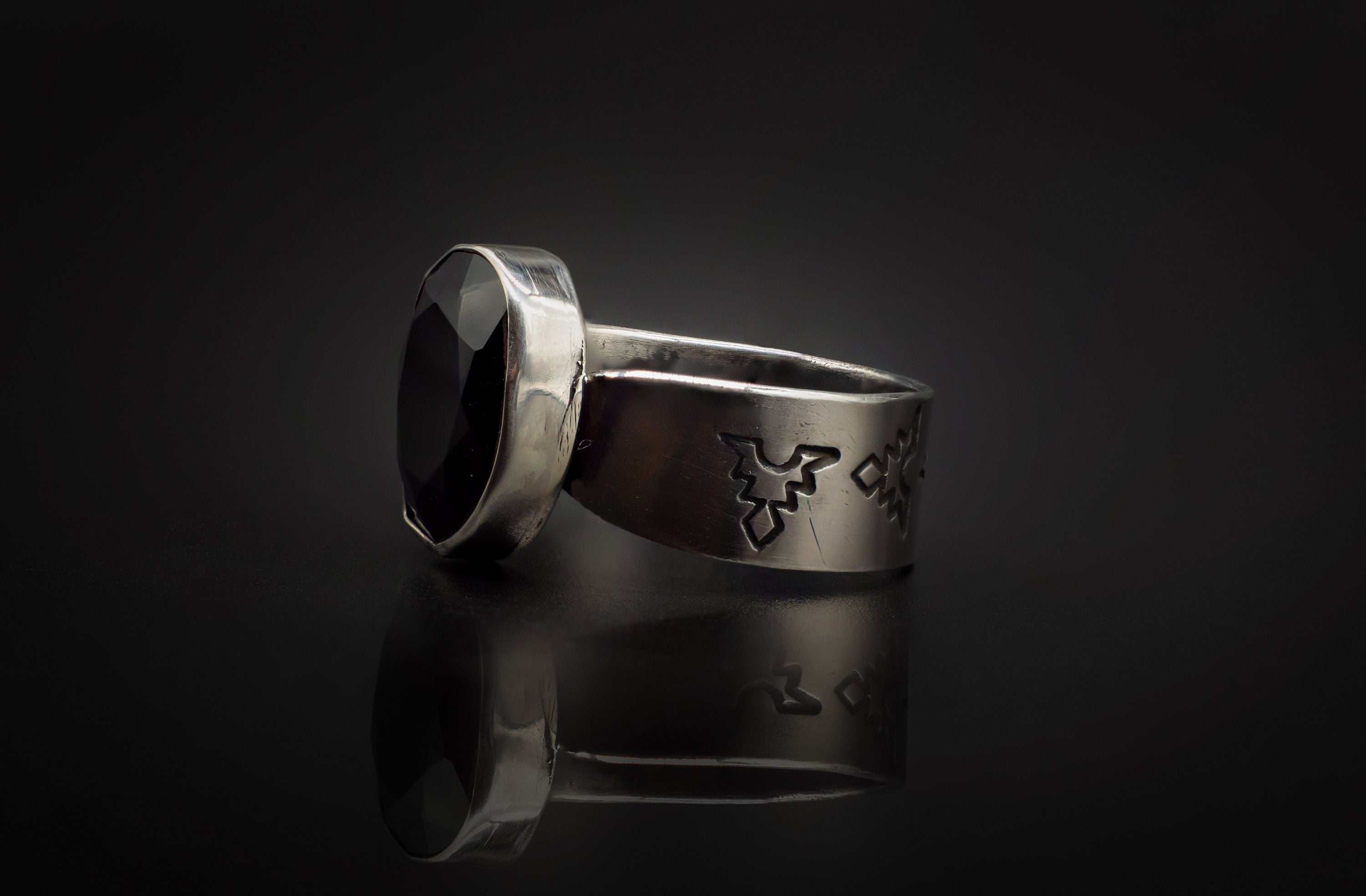 Authentic 925 Silver, Engraved, With Black Onyx Rose Cut Stone Ring