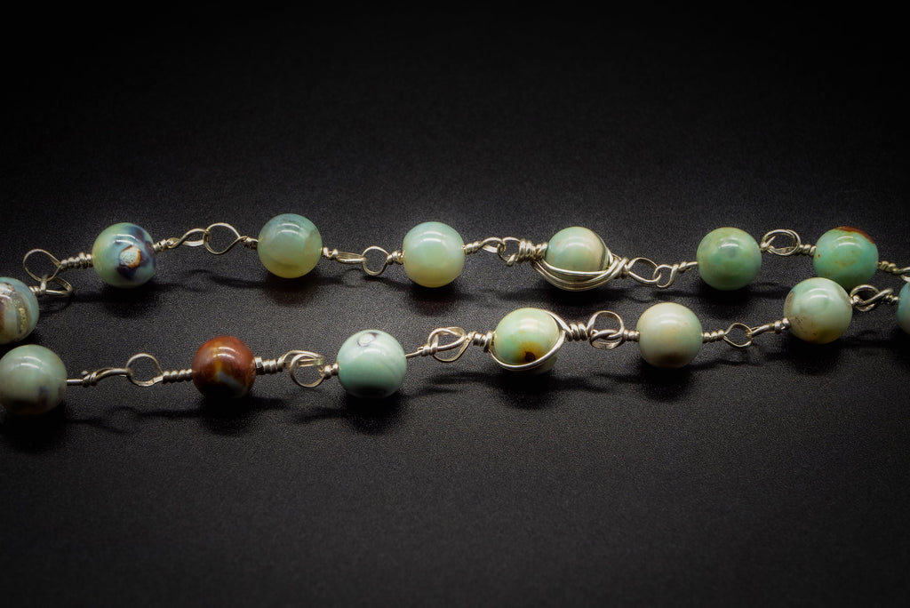 Necklace Green Teal Aqua Fire Agate, 925  Sterling Silver & Latón, Women Pendant, Beaded Necklace