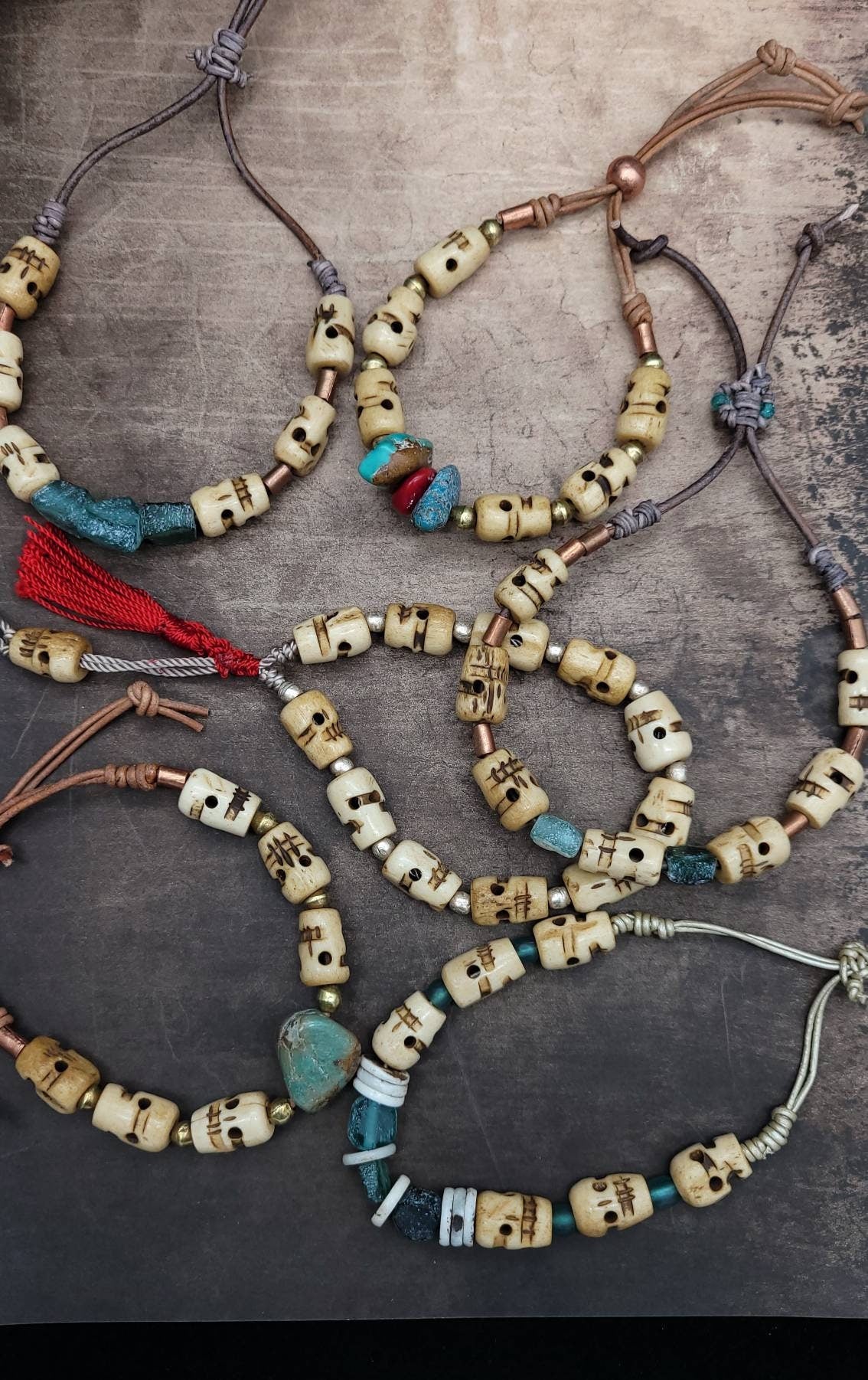 Beautiful Authentic Leather Bracelet / Authentic Turquoise / Roman Glass / Skull Bone.