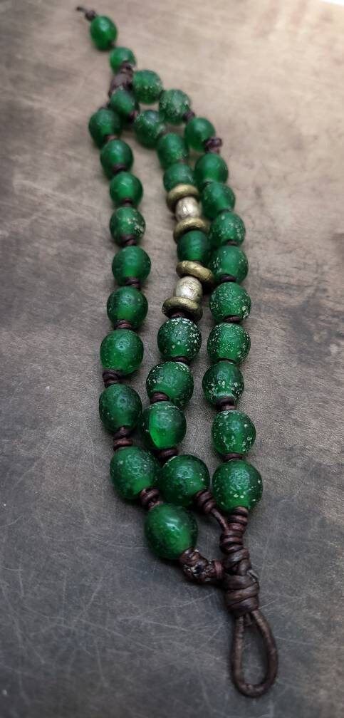 Beautiful Leather Bracelet / Bracelet for Men or Women / Antique Rustic Indonesian Glass Bead Jewelry/Boho/Tribal / Native American/ Ethnic.
