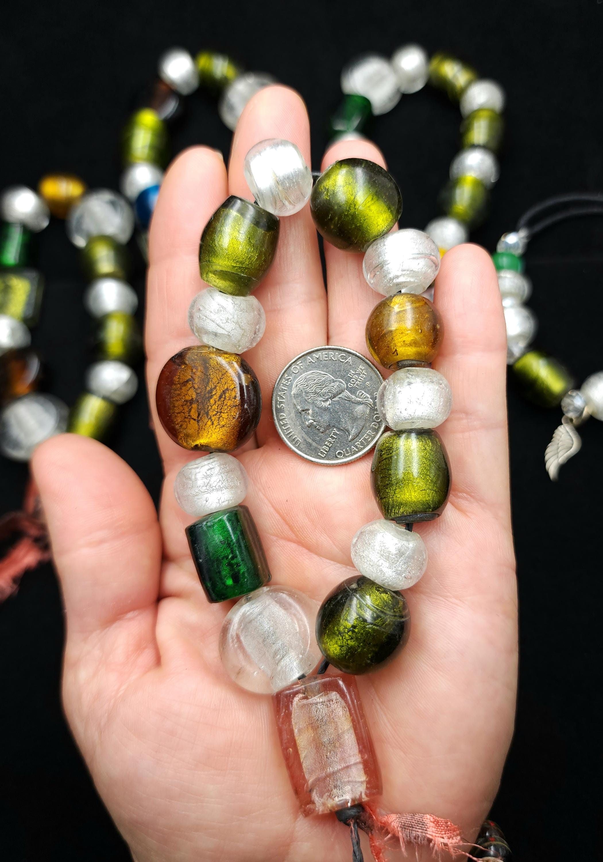 Lampwork Silver Foil Glass Beads – Handmade Murano Style Bead Strand 9" 14-24mm, Green, Amber, Pink, Clear | Boho Ethnic Jewelry Making.
