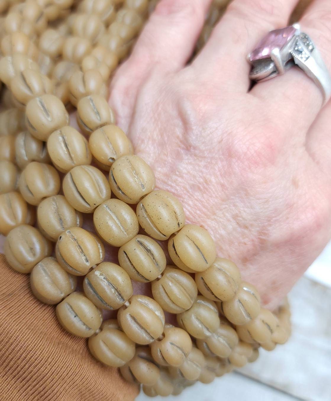 Old Glass Melon Shaped Beads Strand of 12 Beads 10-11mm / Indonesian Beads / Java / Vintage / Jewelry Making Supplies / Oriental Beads.
