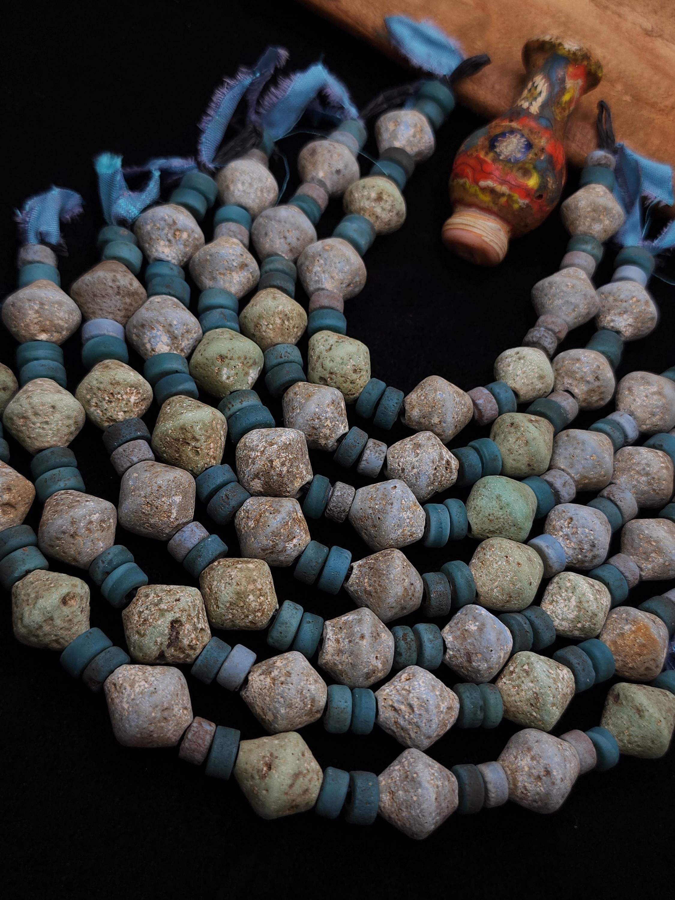 Old Bicone Glass Beads From Thailand, Rustic and Vintage Accent, Supplies to Make Jewelry, Strand With 25 Blue And Green Beads 8-15mm.