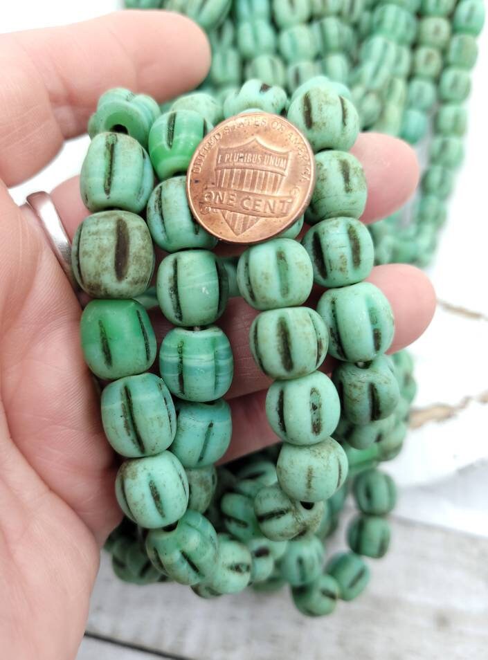 Melon Shaped Glass Beads With Accent Rustic Old Look 10-11mm Strand of 12 Beads, Jewelry Making Supplies, Pumpkins Beads.