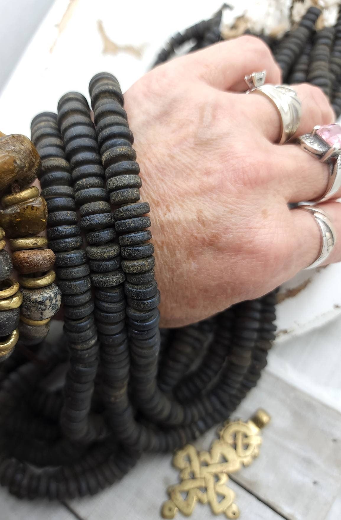 Wow Beautiful Black Beads With Old Rustic Accent 9-10-mm Strand 10" Long / Java / Indonesian / Glass Beads / Tai Beads / Jewelry Supplies.